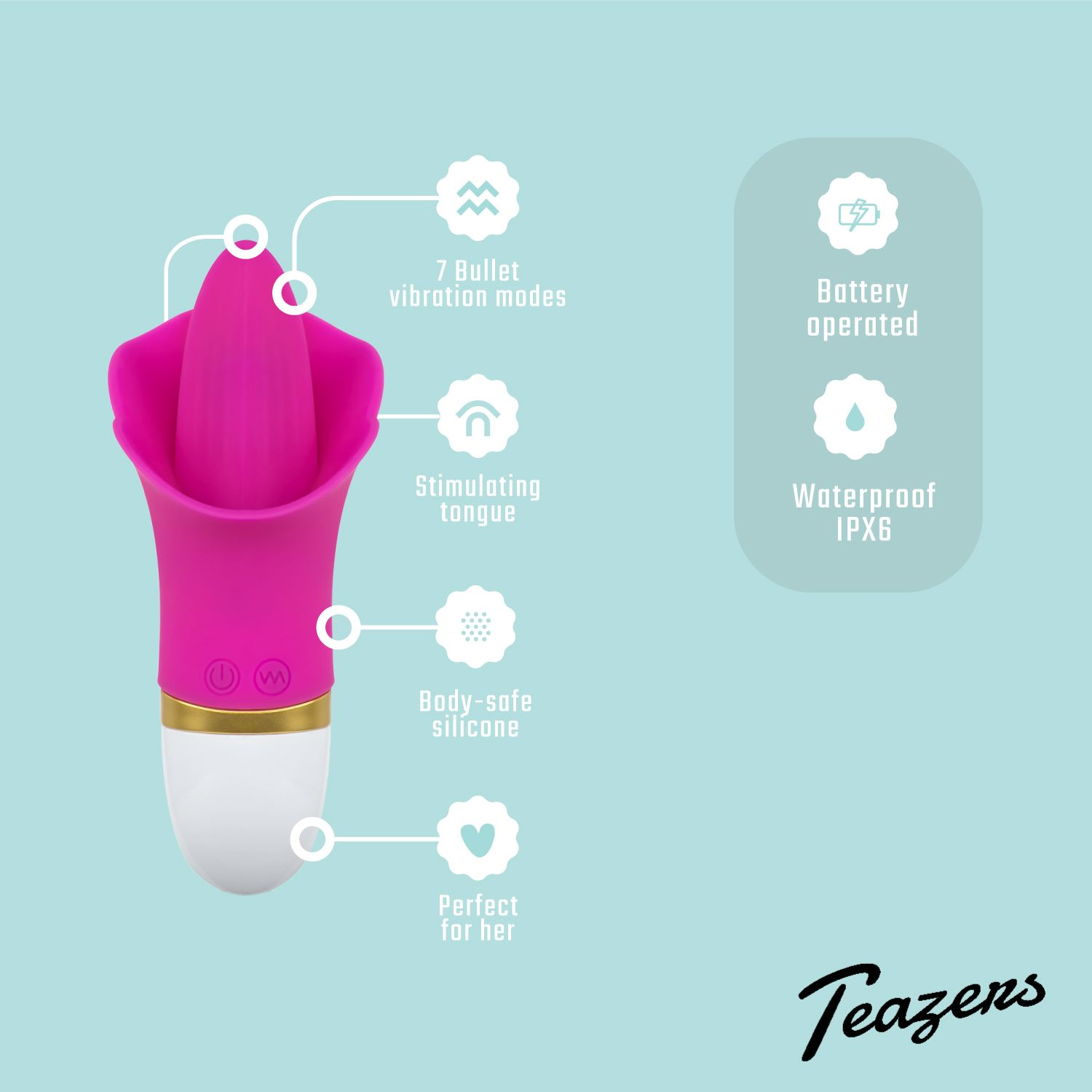 Ein pinkfarbener Vibrator mit beschrifteten Funktionen. Der Hintergrund ist hellblau und weiß.