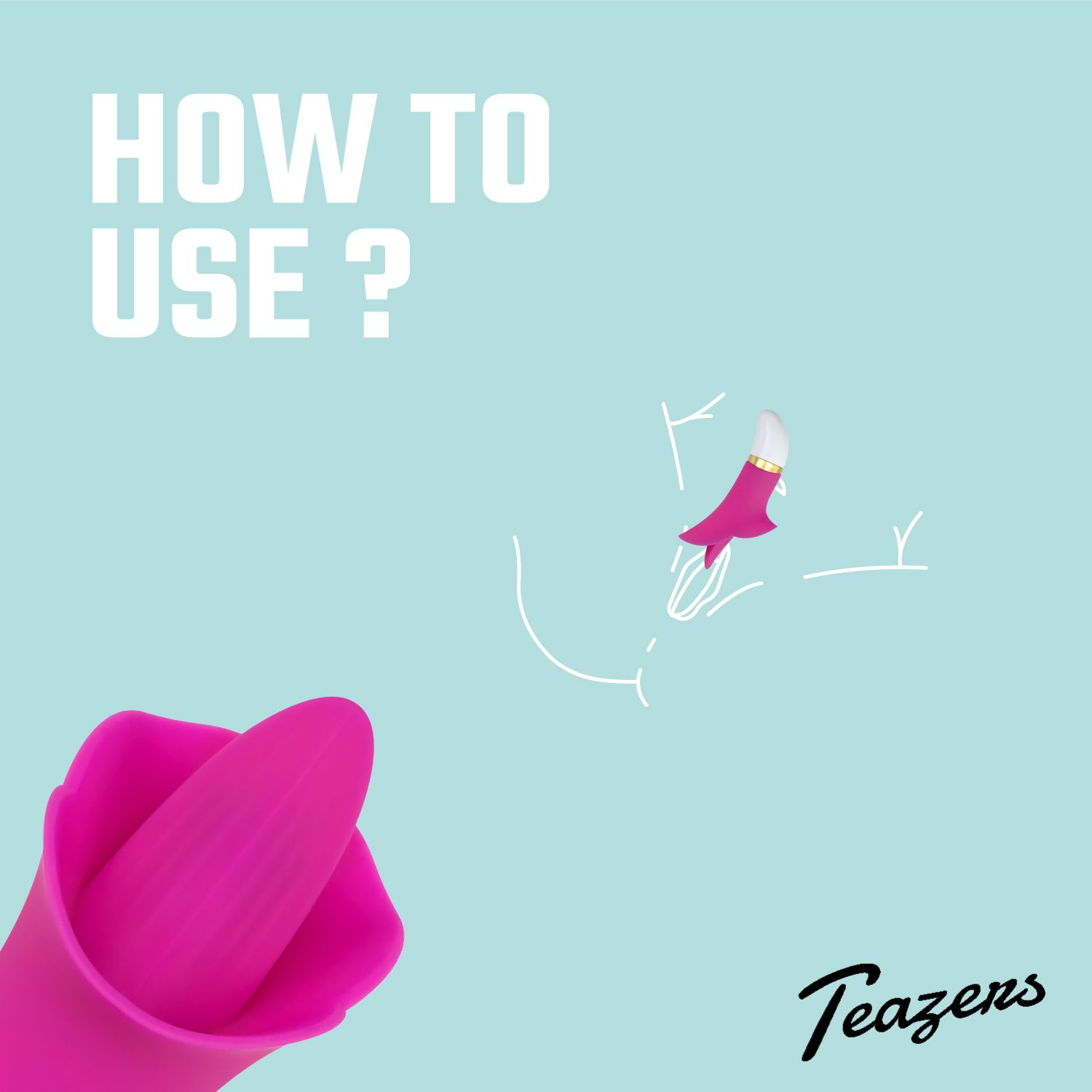 Illustration, die zeigt, wie man einen rosa Vibrator benutzt, mit dem Wort "Teazens" darunter.