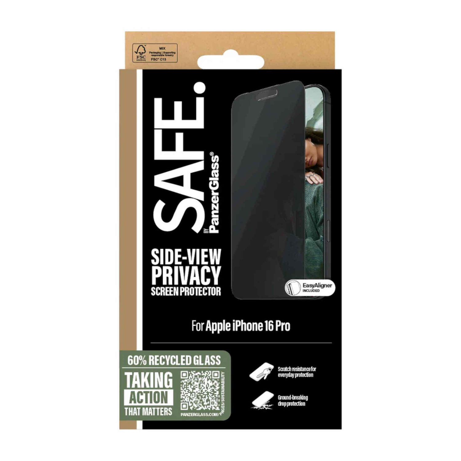 Confezione per una protezione schermo per un iPhone 16 Pro. Dice 'Safe', 'Side-View Privacy'.