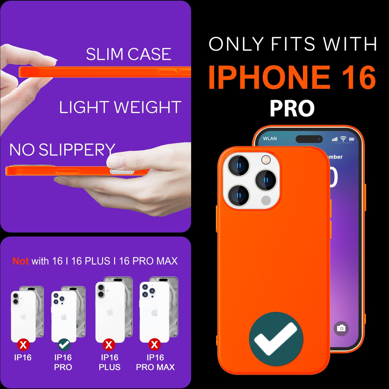 Eine orangefarbene iPhone 16 Pro Hülle, mit Illustrationen von Produkteigenschaften und Kompatibilität.