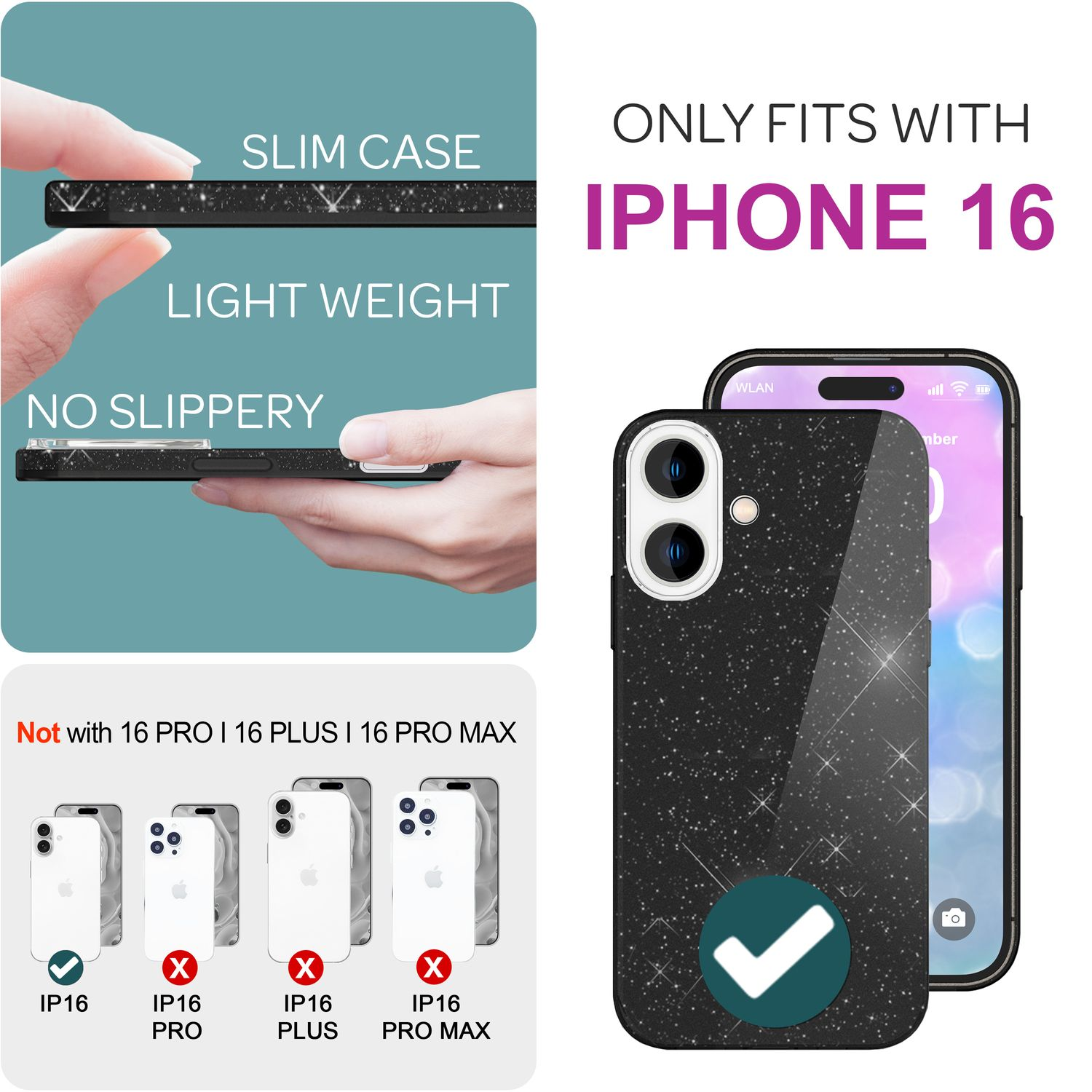 Schwarze glitzernde Handyhülle mit einem iPhone 16 und Text zur Kompatibilität, vor weißem Hintergrund.