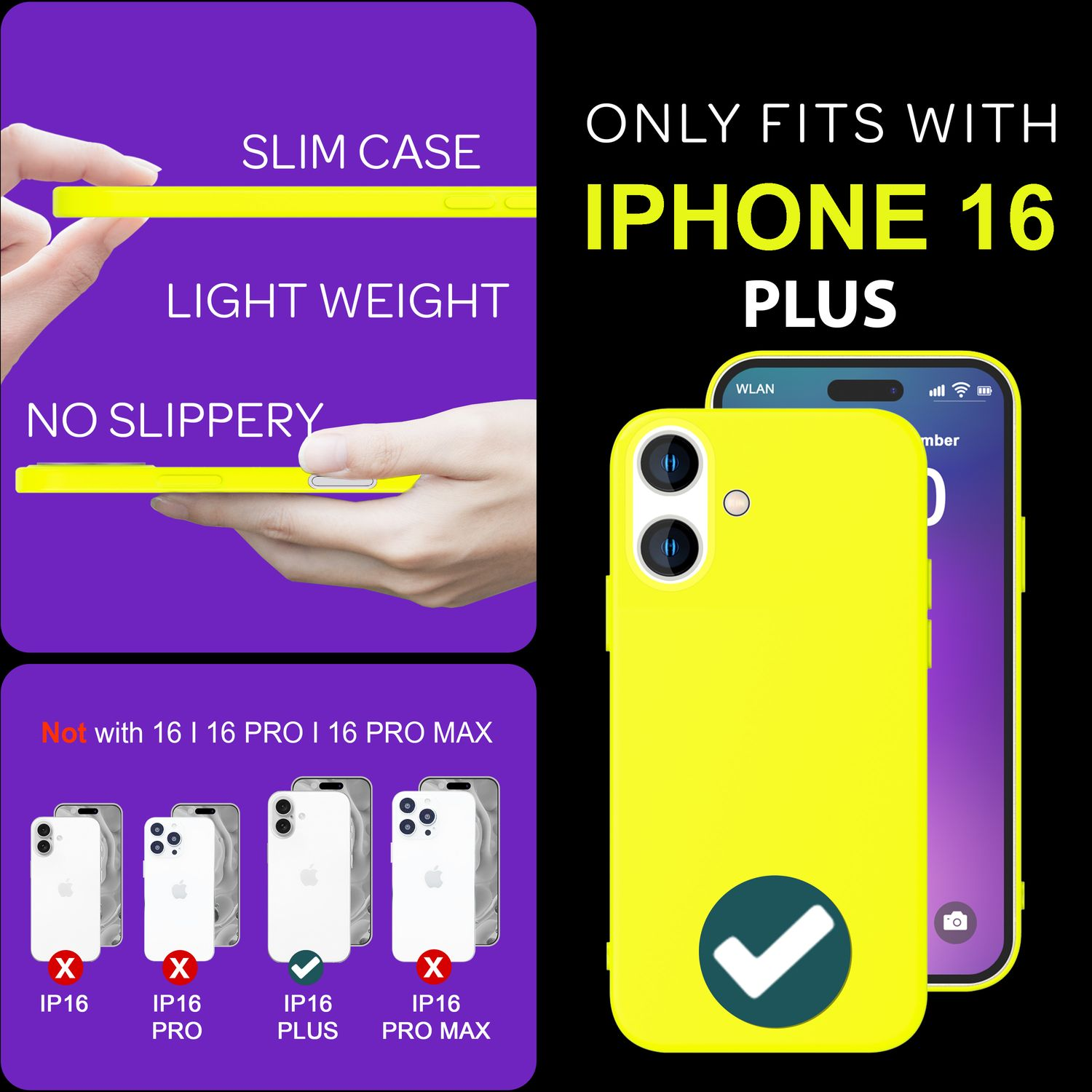 Gelbe Handyhülle mit Telefon und Text: 'Only fits with iPhone 16 Plus'. Illustrationen von ausgeschlossenen Telefonen.
