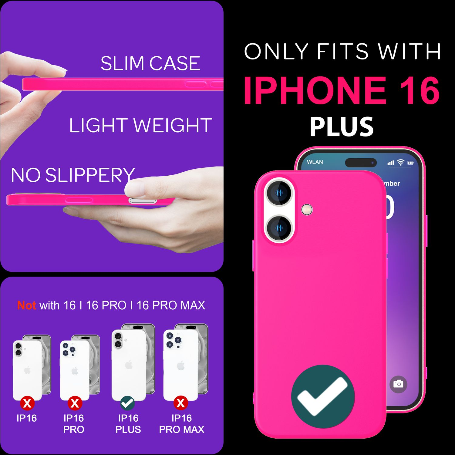 Rosa Handyhülle mit Funktionen: schlank, leicht und rutschfest. Nur für iPhone 16 Plus. Andere Modelle nicht kompatibel.
