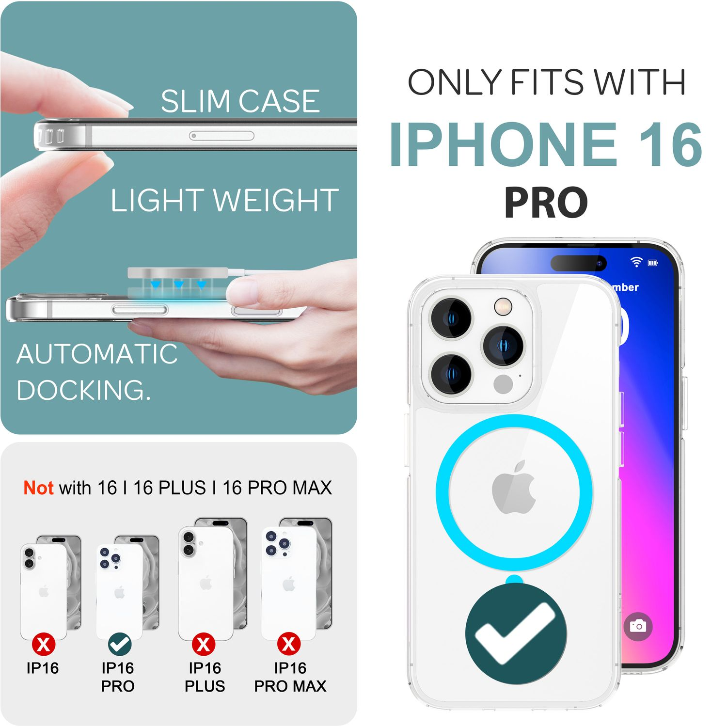 Eine transparente Handyhülle mit einem iPhone. Text zeigt, dass es nur für iPhone 16 Pro passt.