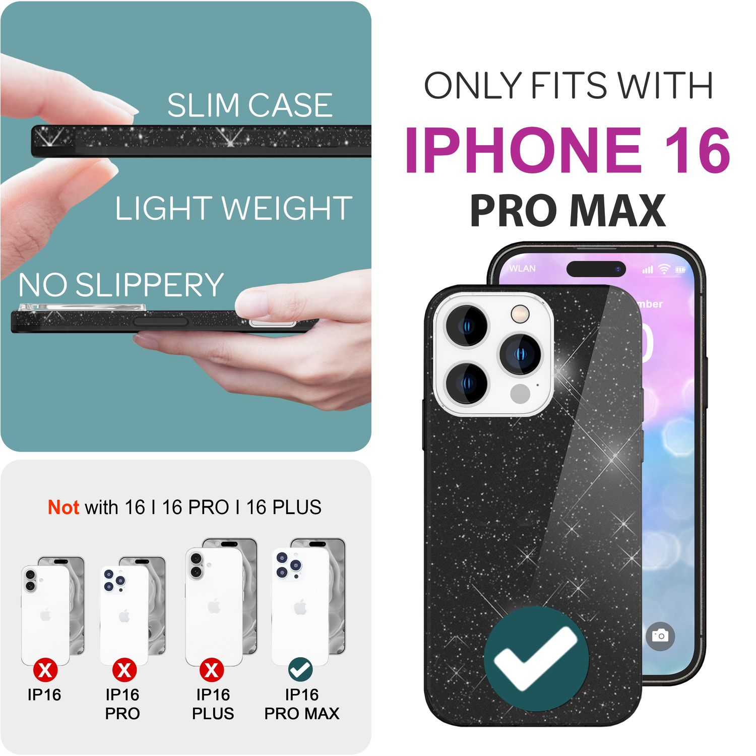 Bild mit Text und Telefonen. Es steht, dass die Handyhülle nur mit dem iPhone 16 Pro Max kompatibel ist.