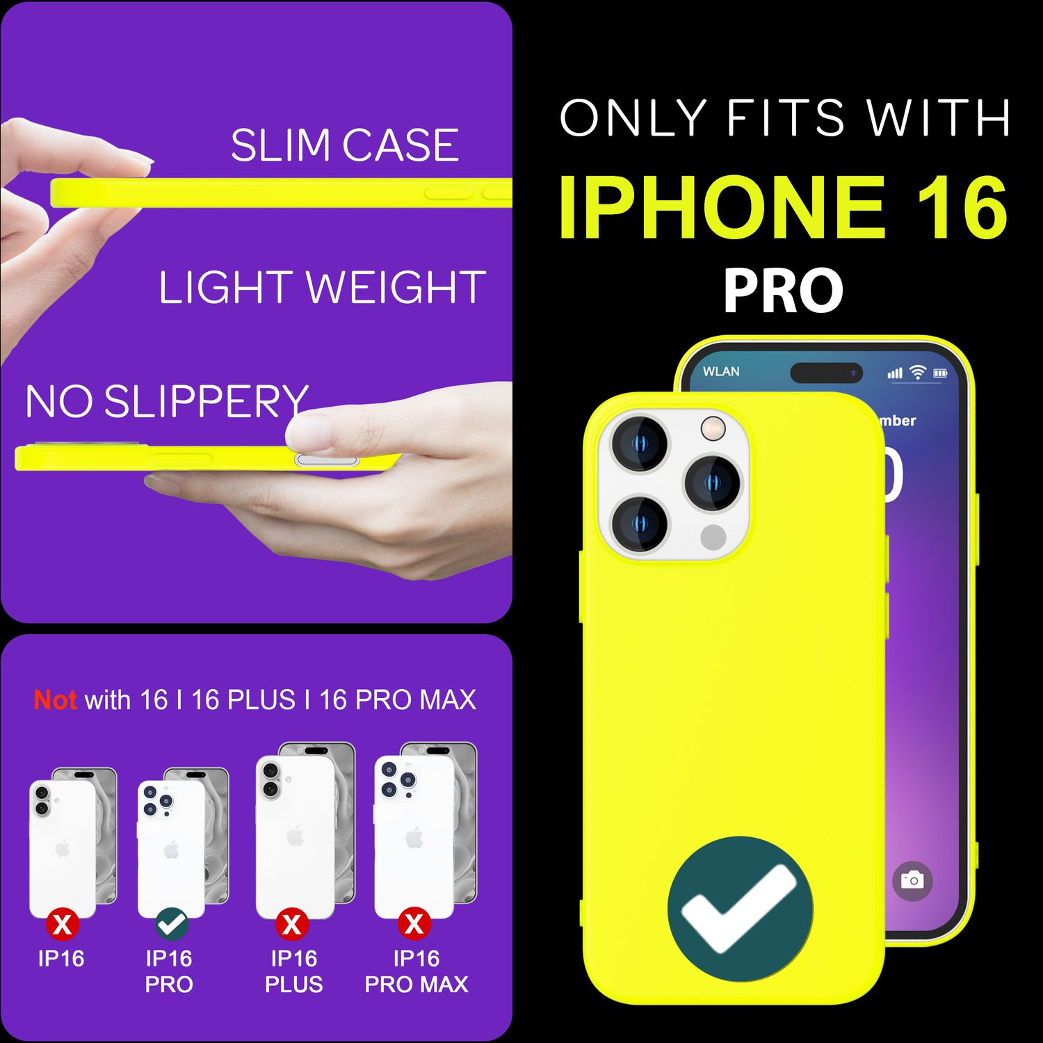 Gelbe Handyhülle mit iPhone, Text: 'NUR PASSEND FÜR IPHONE 16 PRO'.