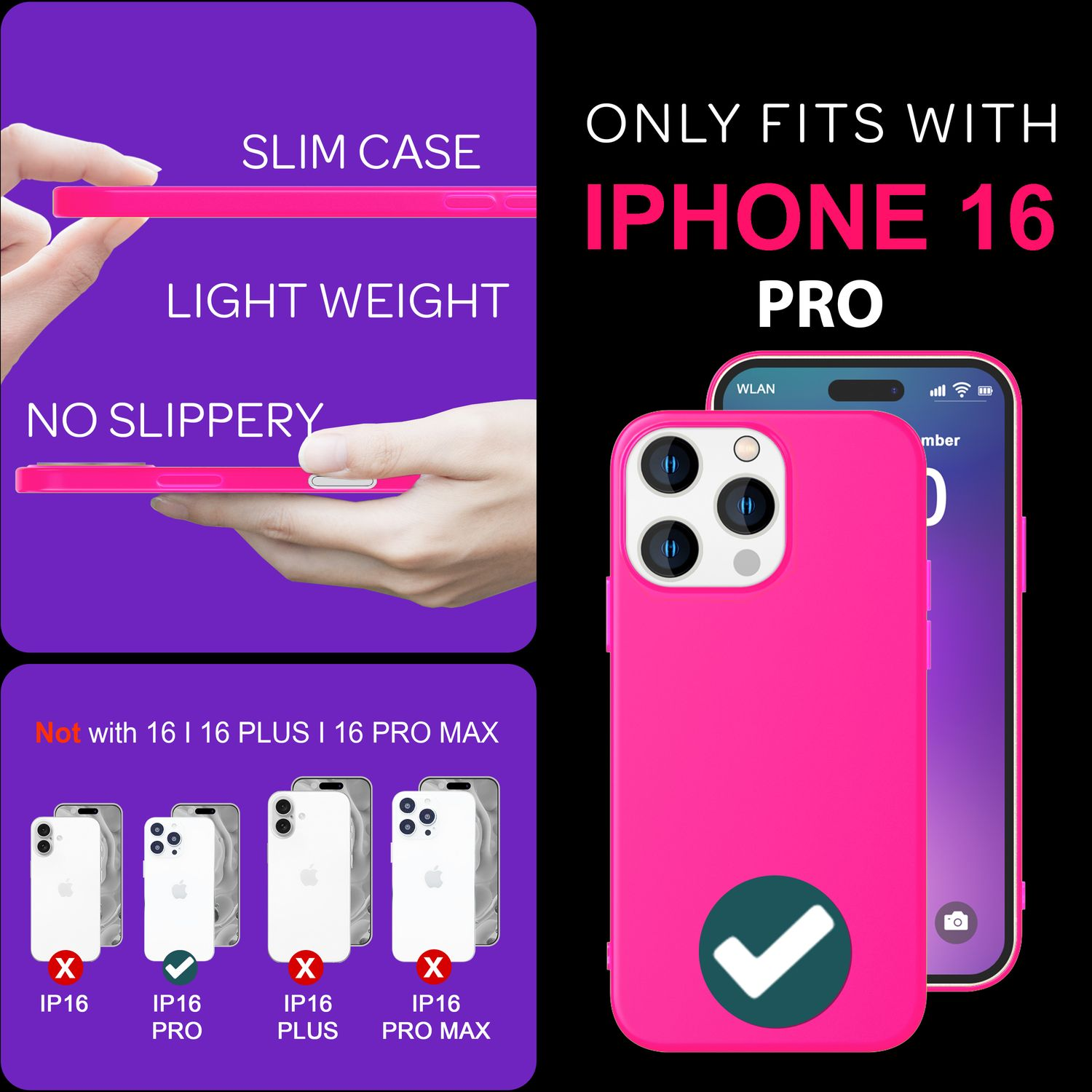Handyhülle mit den Texten "SLIM CASE", "LIGHT WEIGHT" und "NO SLIPPERY".