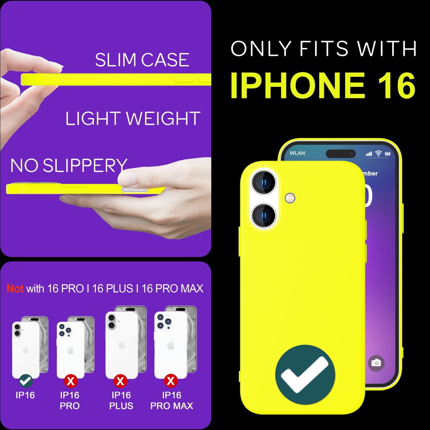 Gelbe iPhone 16 Hülle. Merkmale: schlank, leicht und rutschfest. Nur kompatibel mit iPhone 16.