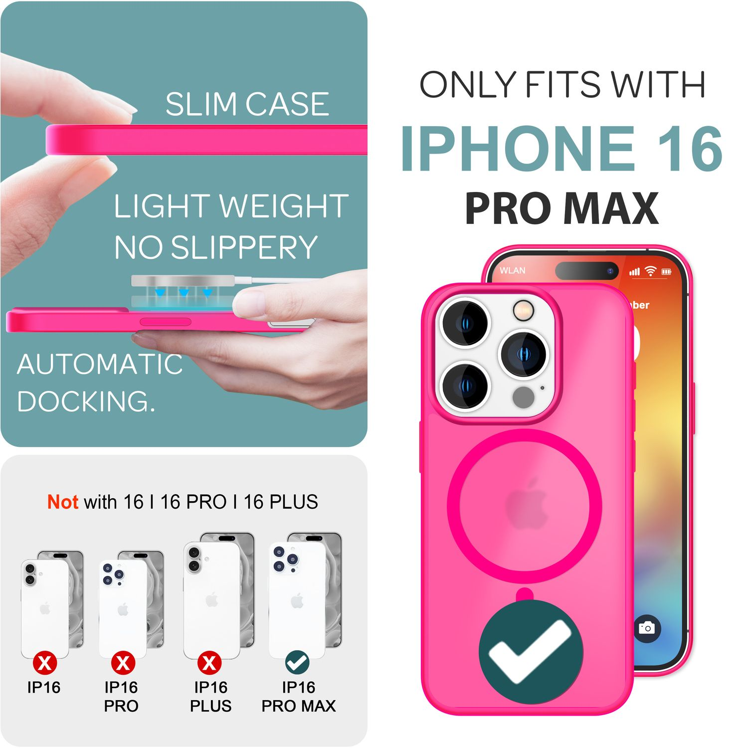 Custodia rosa per iPhone 16 Pro Max con telefono e diagramma.