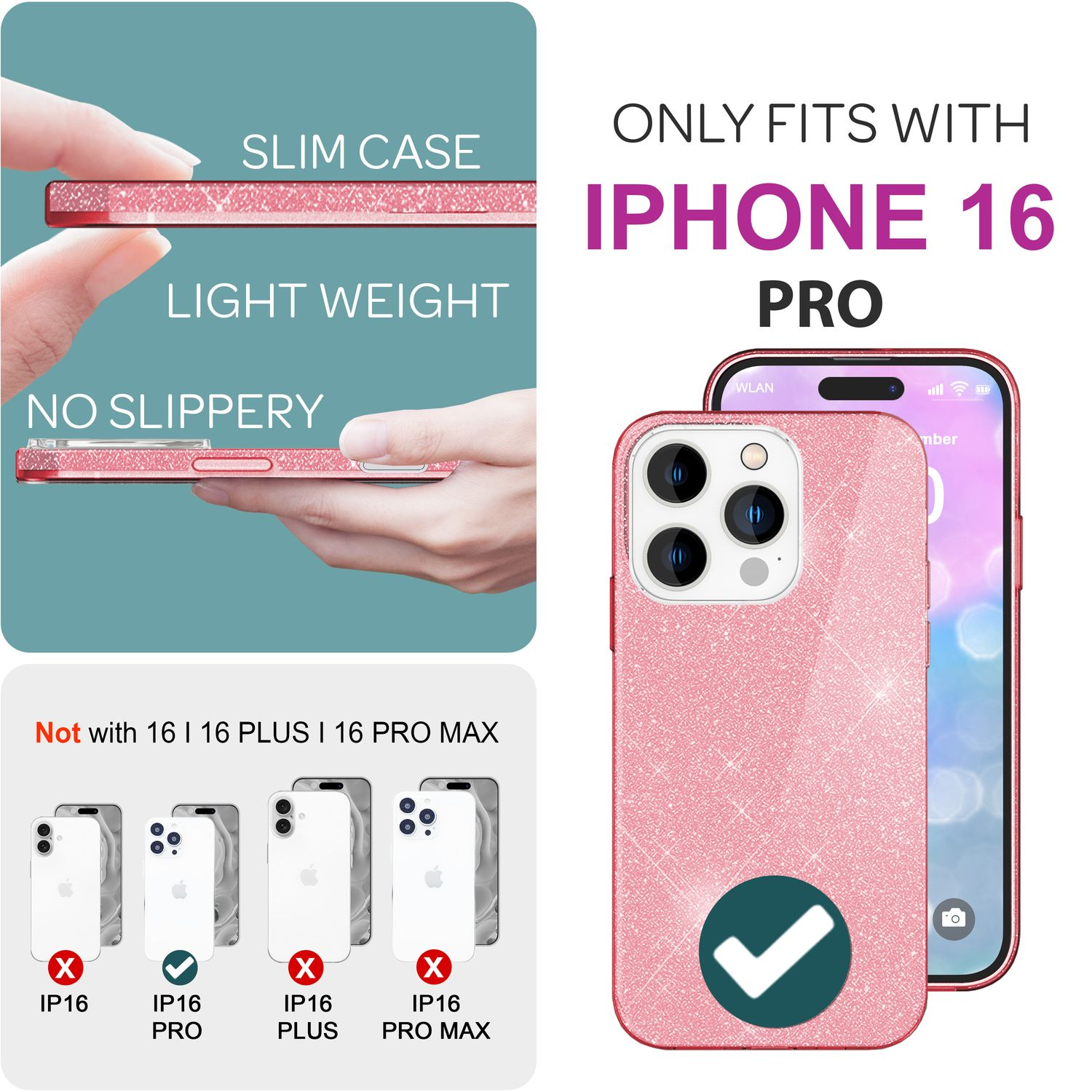 Eine rosa glitzernde Handyhülle mit den Worten 'Iphone 16 Pro' und 'Not with IPhone 16 Plus'.