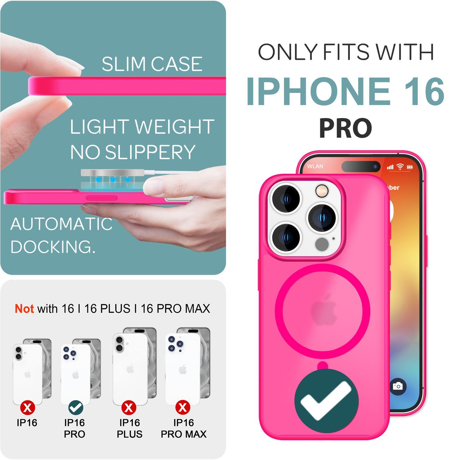 Eine pinke Handyhülle, mit Telefon, Text, der besagt, dass sie nur für iPhone 16 Pro passt.