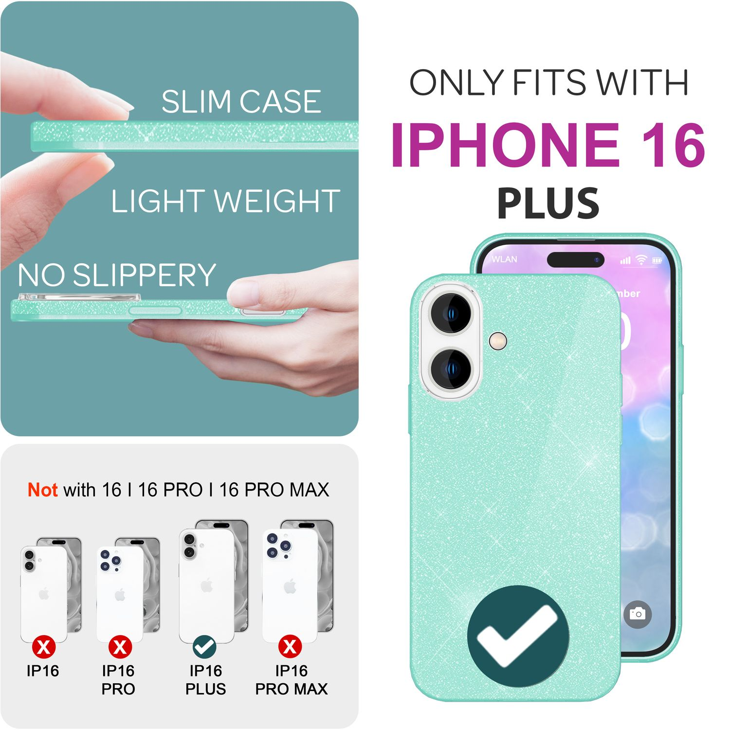 Minzgrüne Handyhülle mit Glitzer, für iPhone 16 Plus, mit einem Häkchen auf dem Telefon.