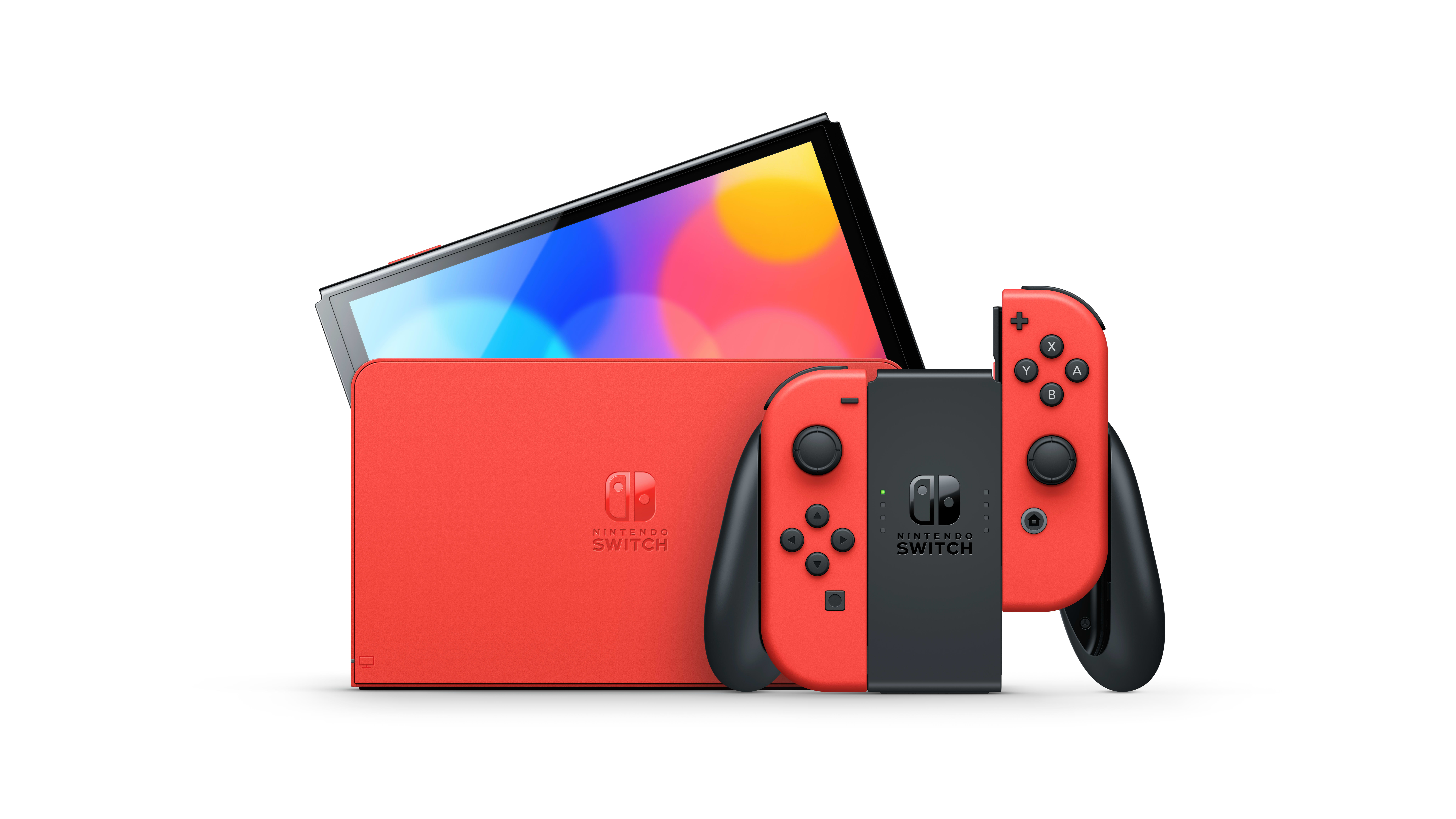 Czerwona konsola Nintendo Switch z dołączonymi Joy-Conami, oddzielnym ekranem i kontrolerami Joy-Con.