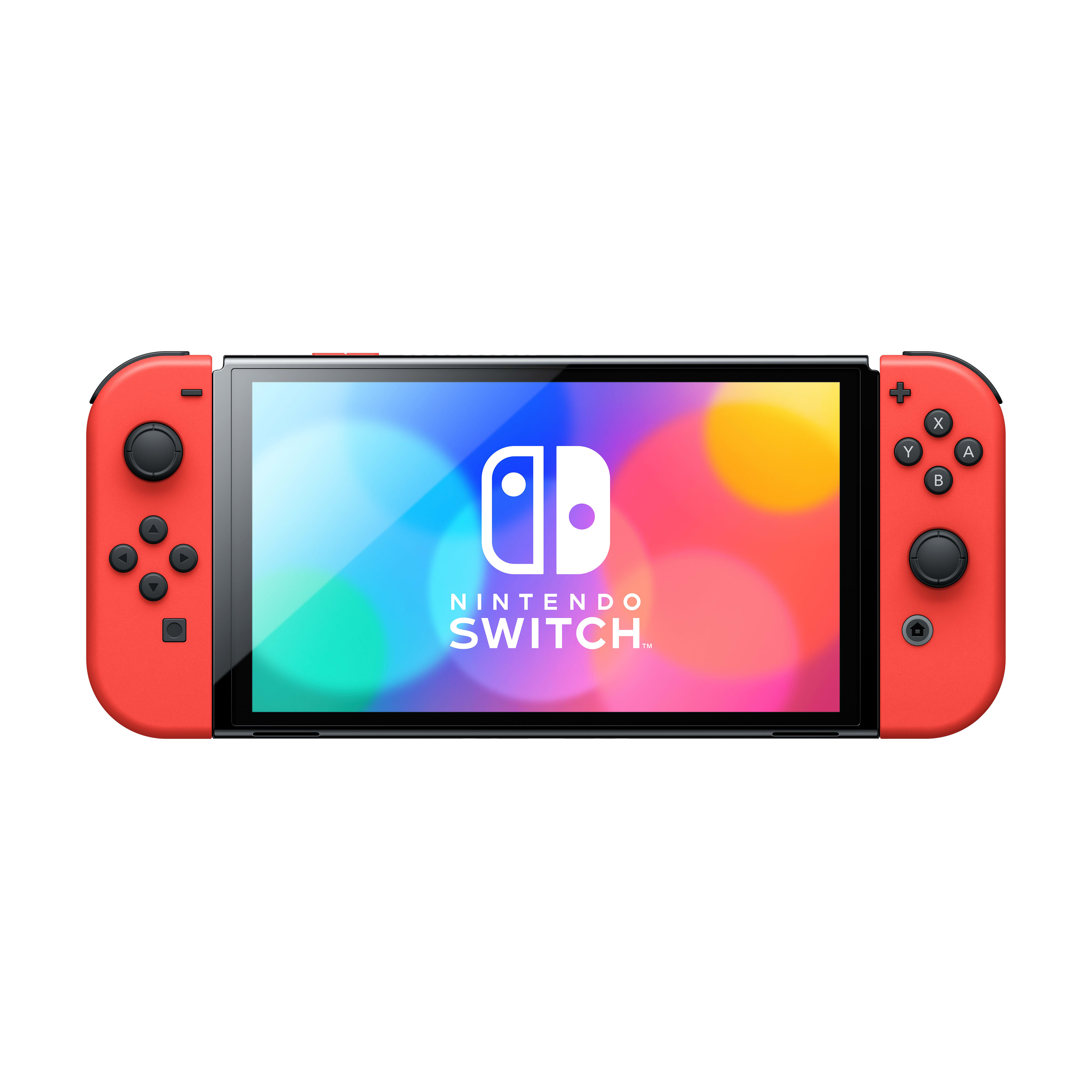 Czerwona konsola Nintendo Switch z czerwonymi kontrolerami. Ekran wyświetla logo Nintendo.