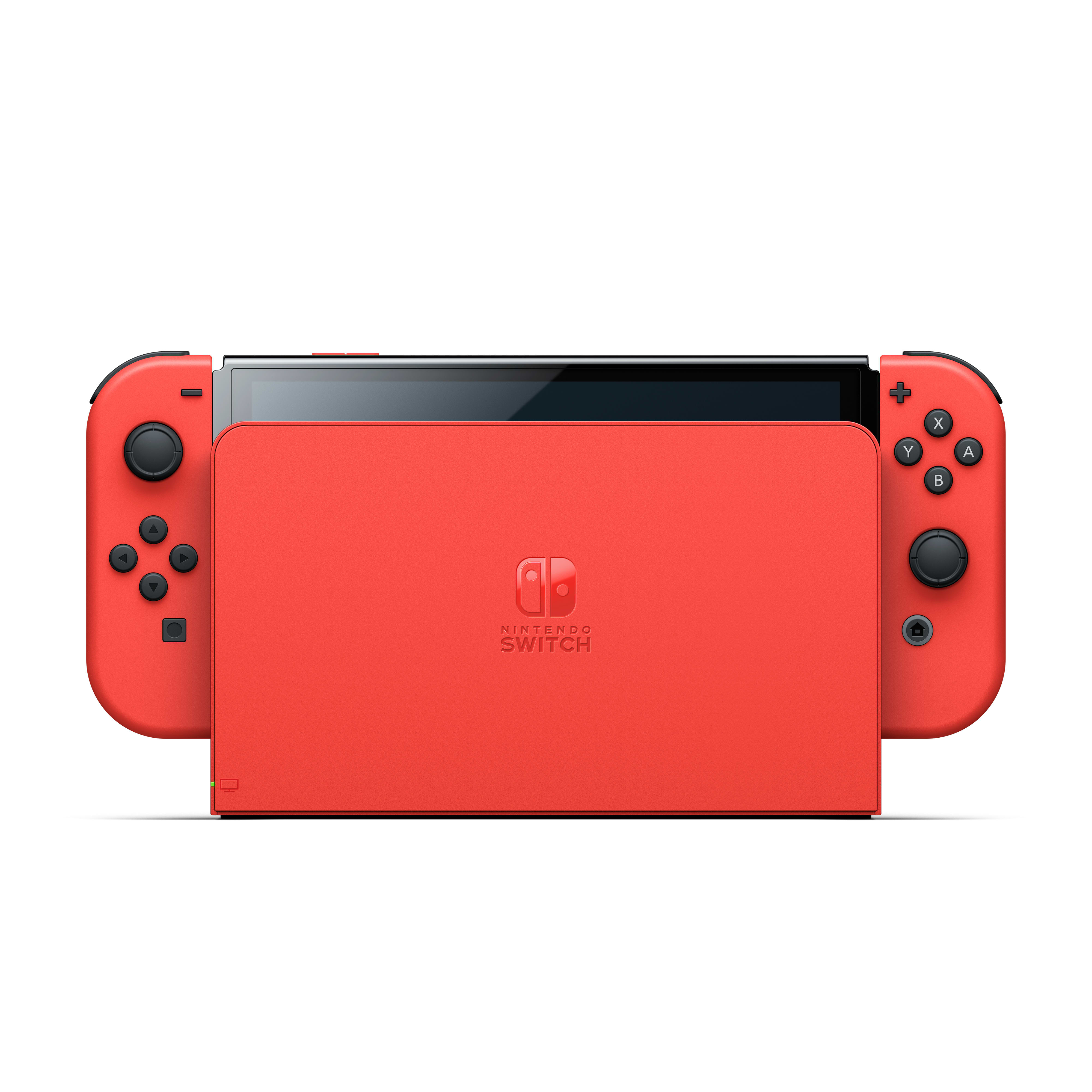 Czerwona konsola Nintendo Switch z czerwonymi kontrolerami, białe tło.