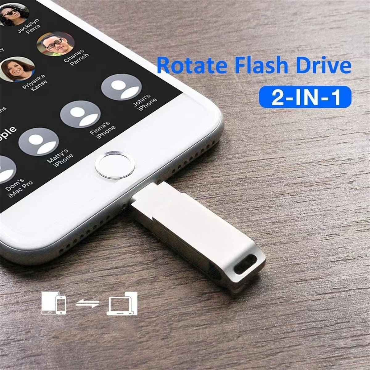 Ein silberner USB-Stick, der mit einem Telefon verbunden ist, mit Kontakt-Symbolen auf dem Bildschirm.