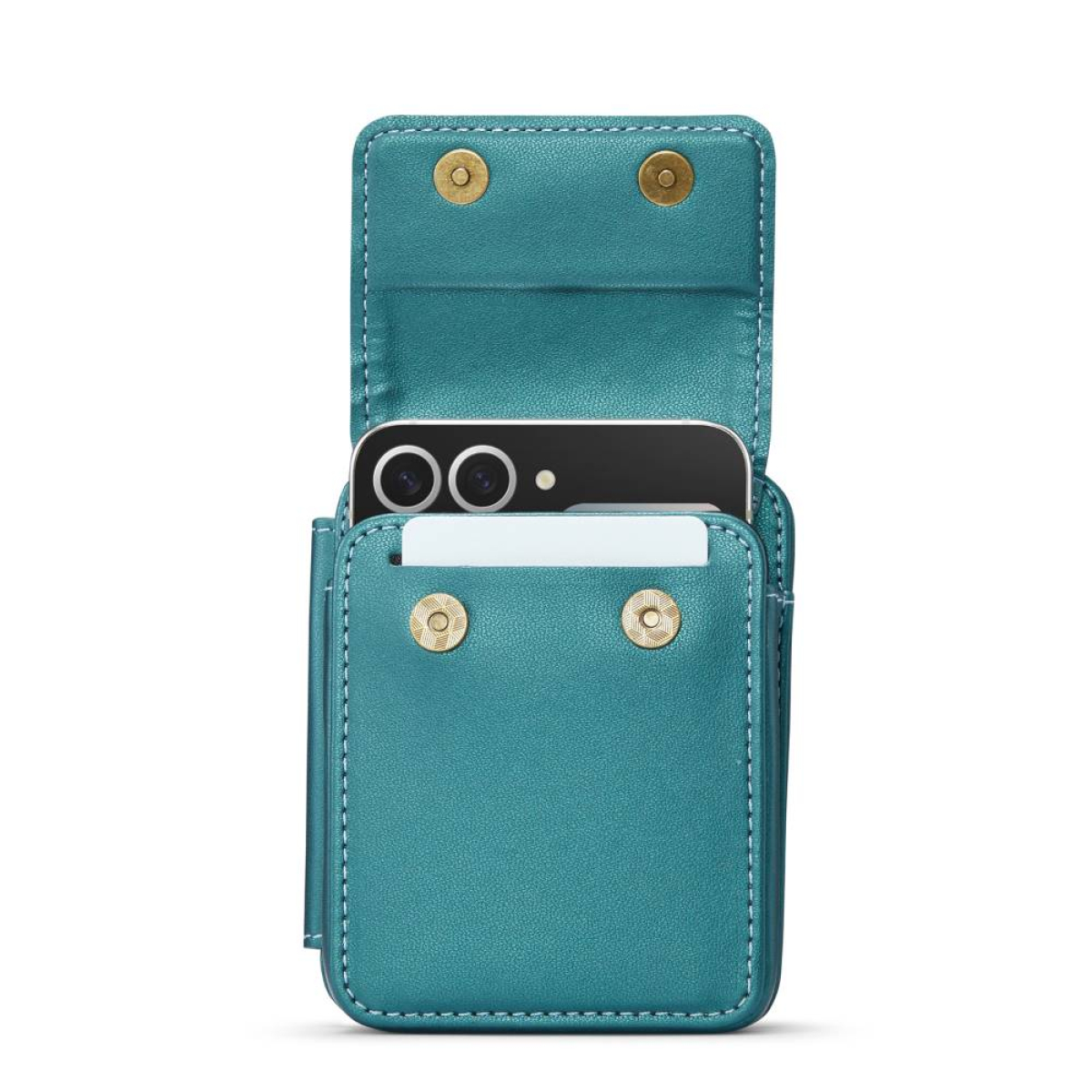 Türkisfarbene Handytasche mit Telefon. Sie hat ein Kartenfach. Mit Magnetverschluss geöffnet.