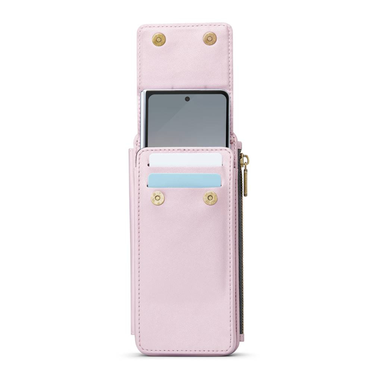 Rosa Handyhülle mit Telefon und Kartenfächern. Sie ist offen und zeigt Telefon und Karten.