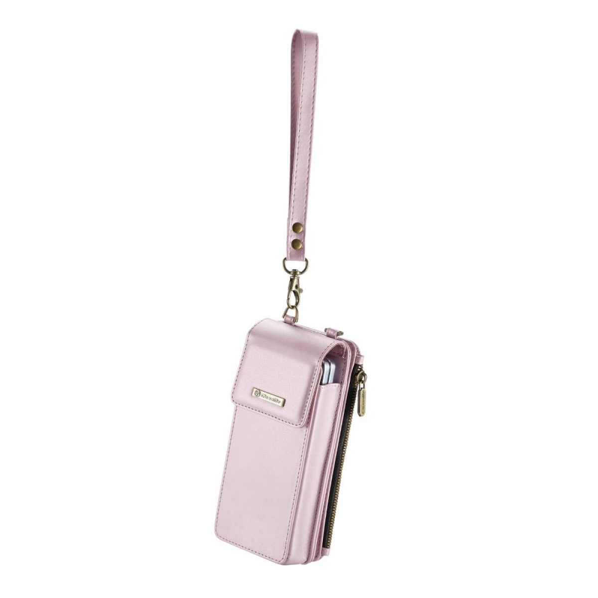 Rosa Handy-Geldbörse mit Handschlaufe. Hat eine Klappe und eine Reißverschlusstasche.