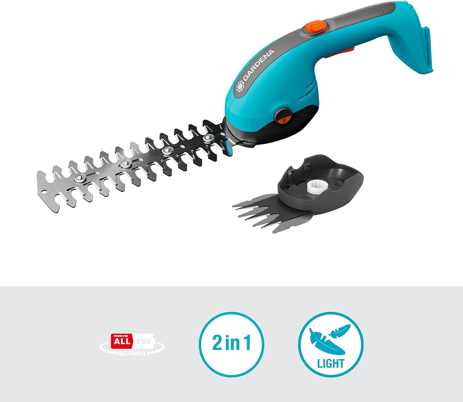 Niebiesko-czarne nożyce do żywopłotu Gardena z odłączonym ostrzem.