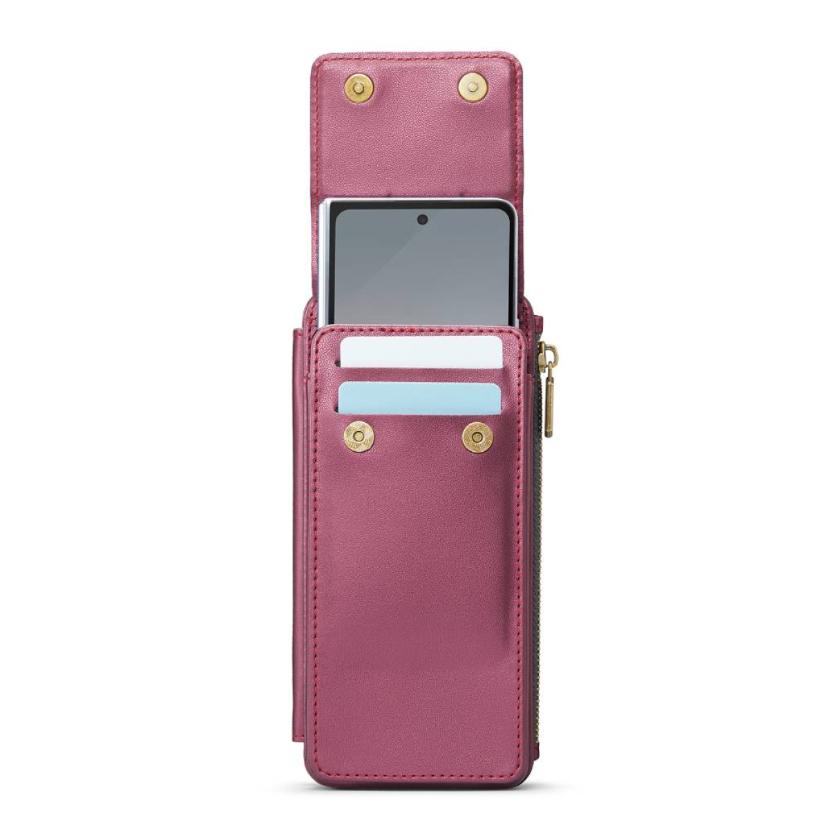 Eine magentafarbene Handyhülle mit Telefon und Karten im Inneren. Sie ist geöffnet, um den Inhalt zu zeigen.