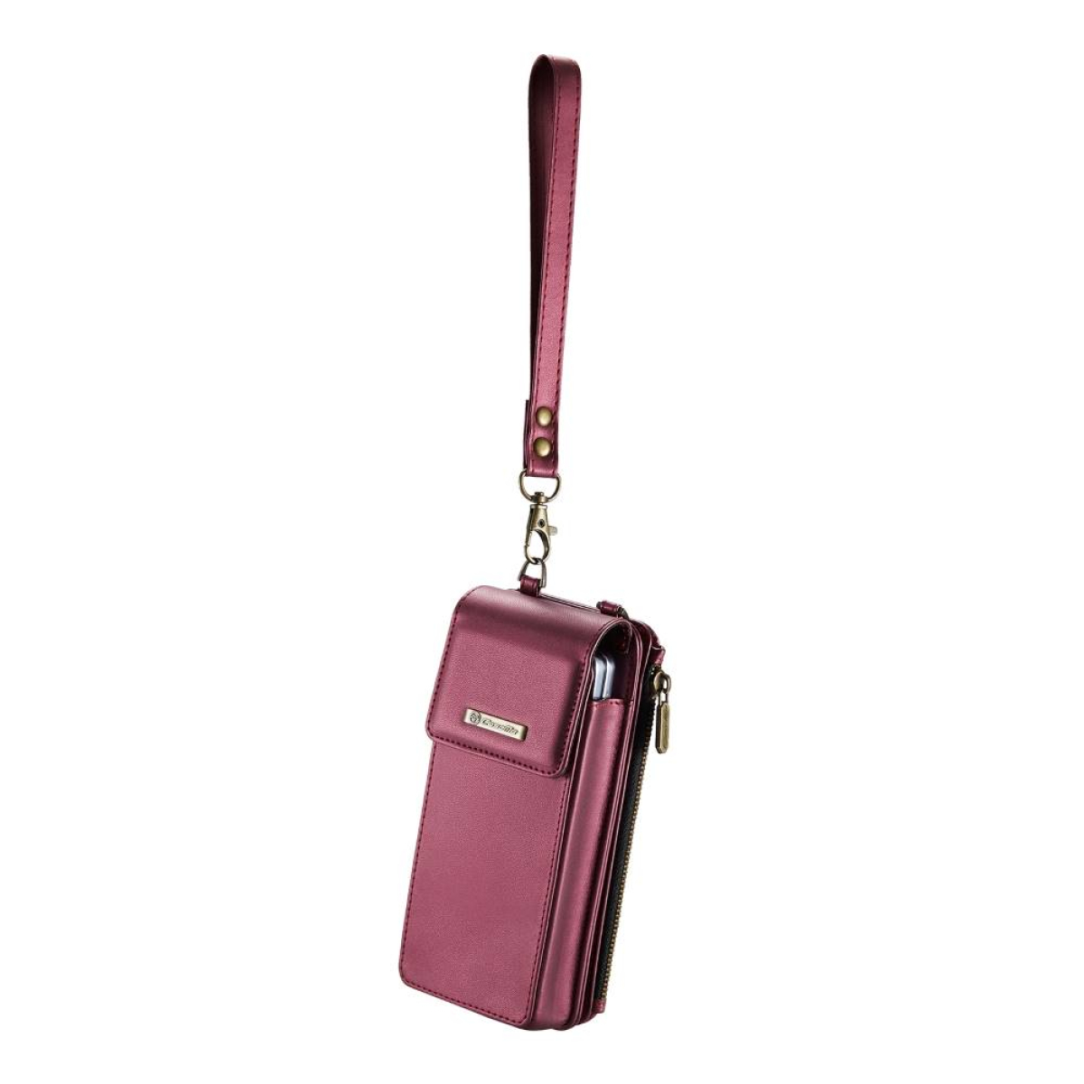 Bordeauxfarbene Handytasche mit Handschlaufe. Sie hat einen Reißverschluss und einen Verschluss.