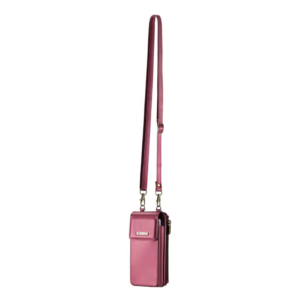 Eine pinke Umhängetasche für Telefone mit langem Riemen.