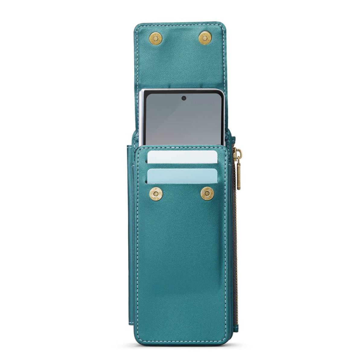 Eine offene türkisfarbene Handyhülle mit Kartenfächern und einem Telefon darin. Es gibt zwei Knöpfe und einen Reißverschluss.