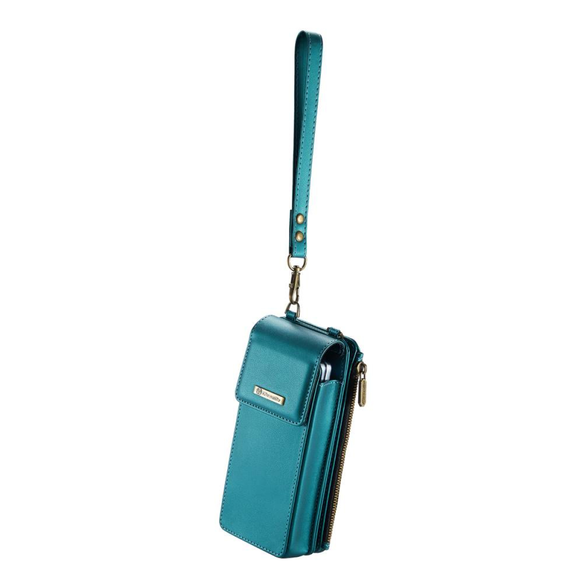 Türkisfarbenes Leder-Handy-Etui mit Handschlaufe. Es hat einen goldenen Verschluss und Reißverschluss.