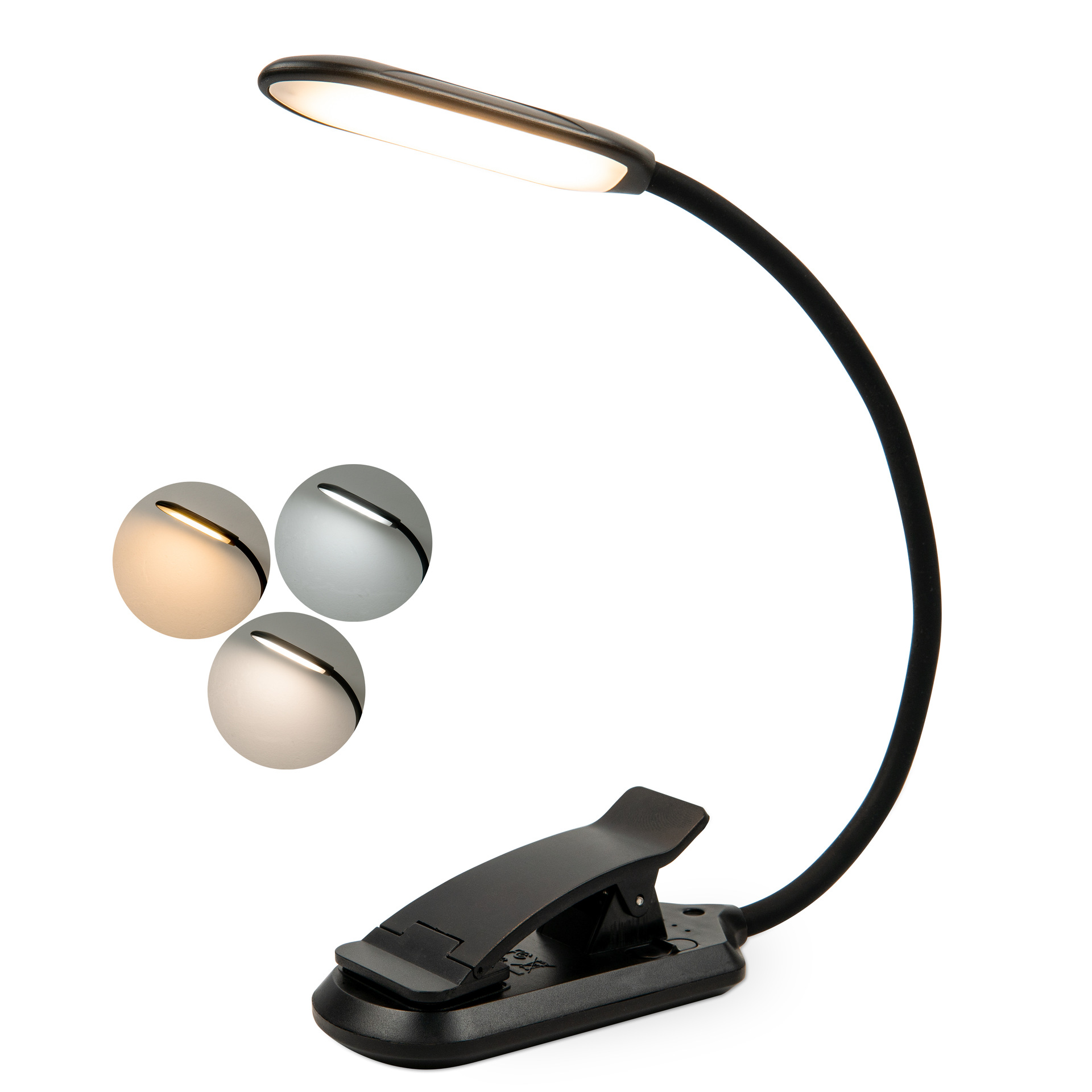 Czarna lampka do czytania LED z klipsem, z regulowanymi opcjami koloru światła.