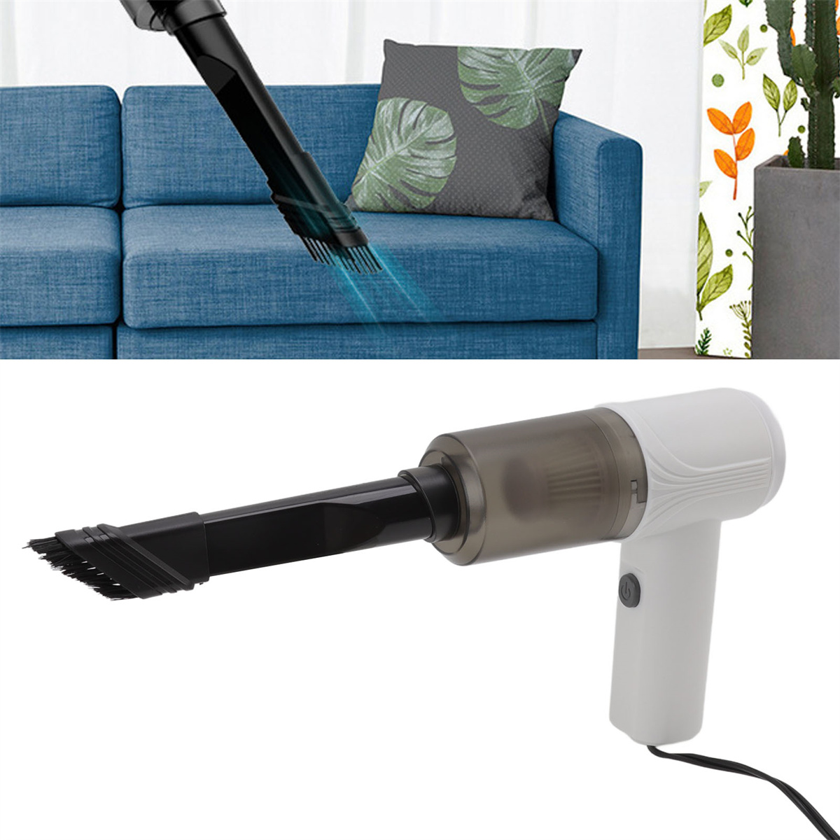 Ein Handstaubsauger, der zum Reinigen eines Sofas verwendet wird.