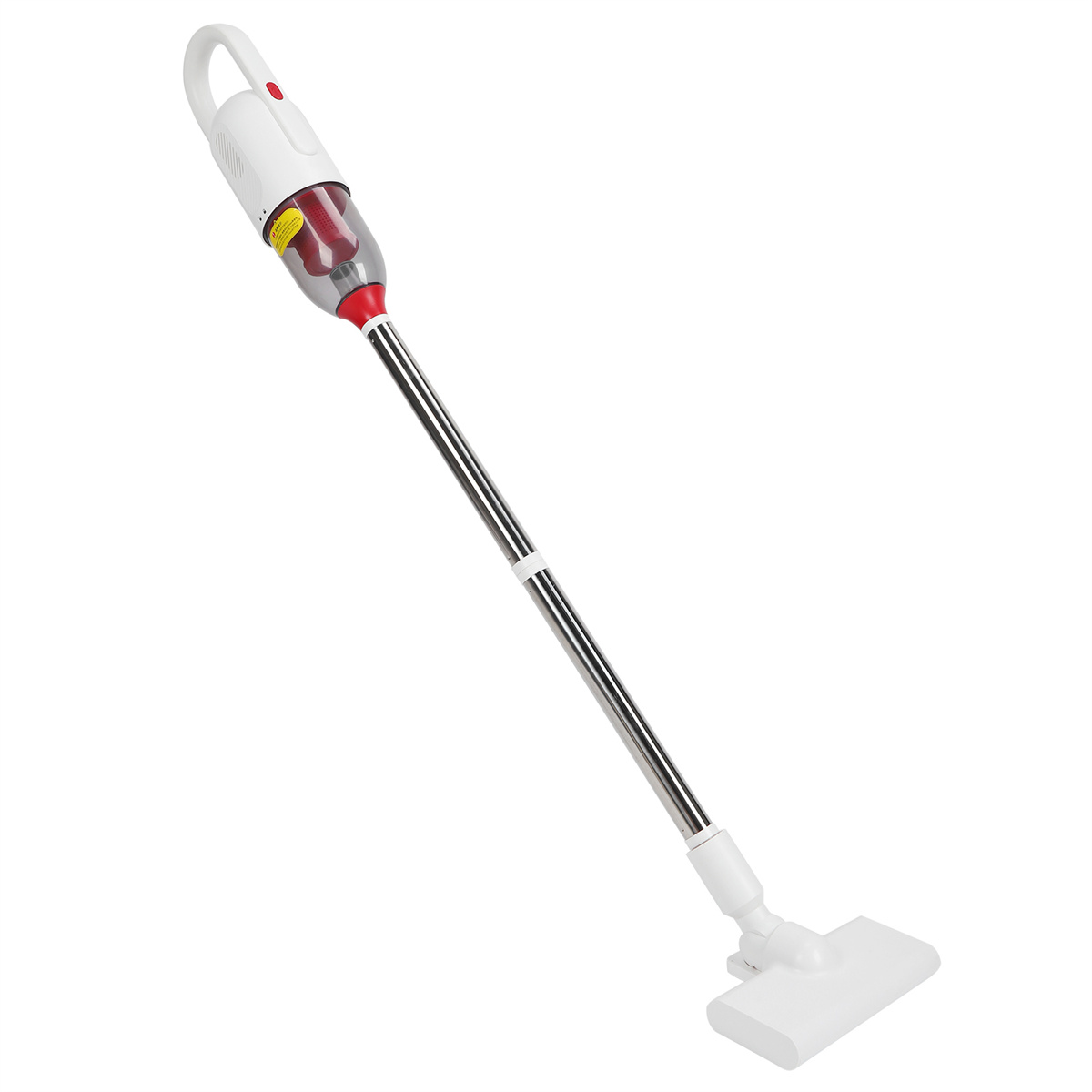Weißer und roter Stielstaubsauger mit rechteckigem Reinigungskopf.