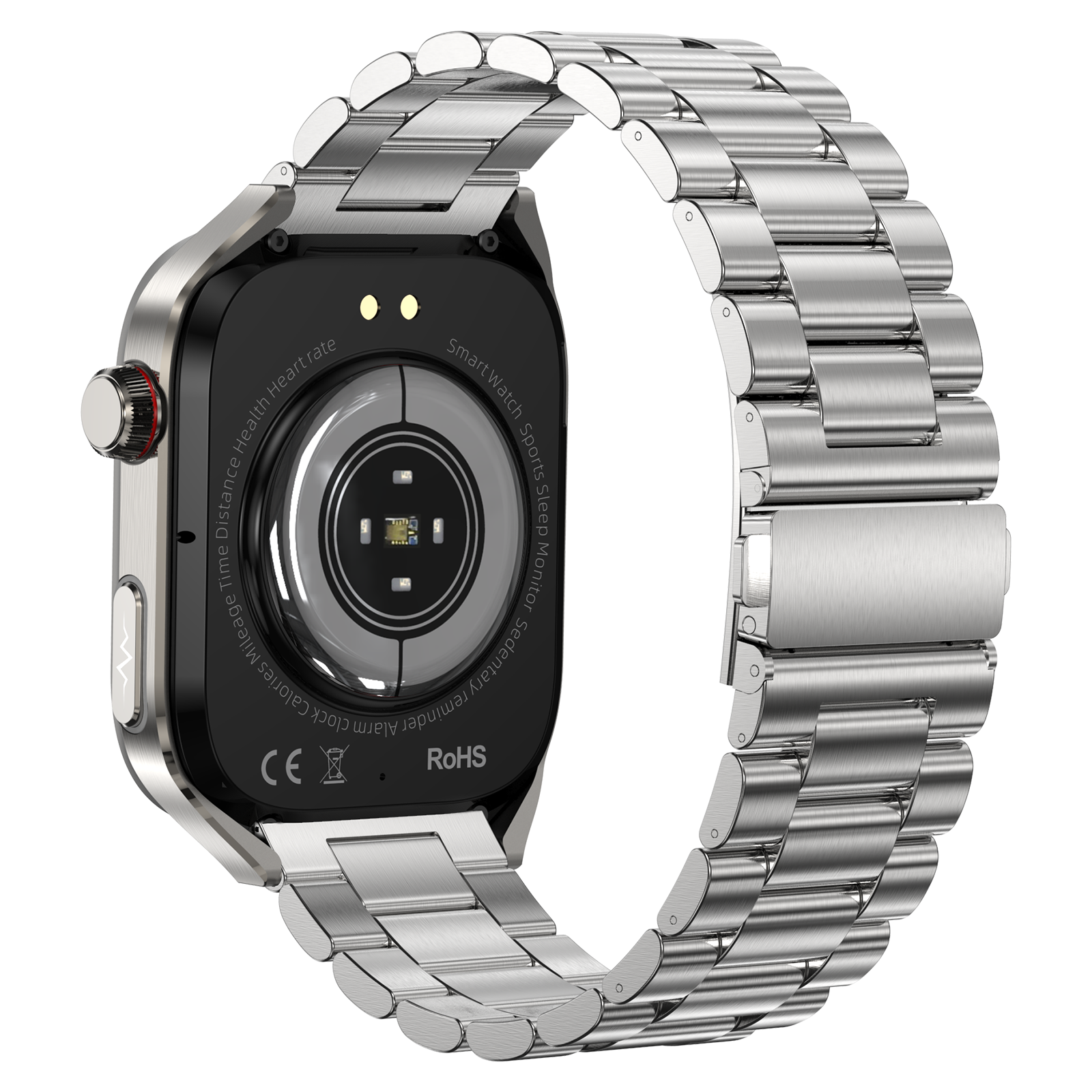 Rückseite einer silbernen Smartwatch mit Metallarmband. Die Uhr hat einen schwarzen Sensorbereich.
