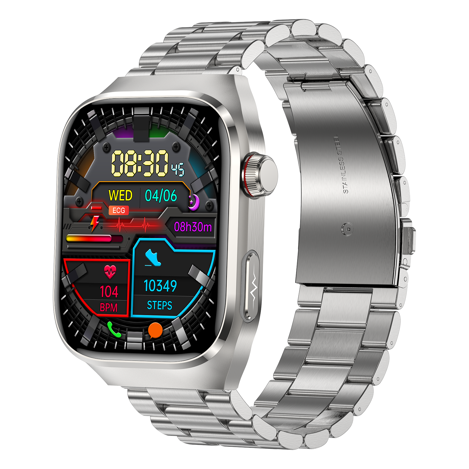 Silberne Smartwatch mit Metallarmband. Zeigt Zeit, Datum, Gesundheitsdaten und Farbbildschirm an.