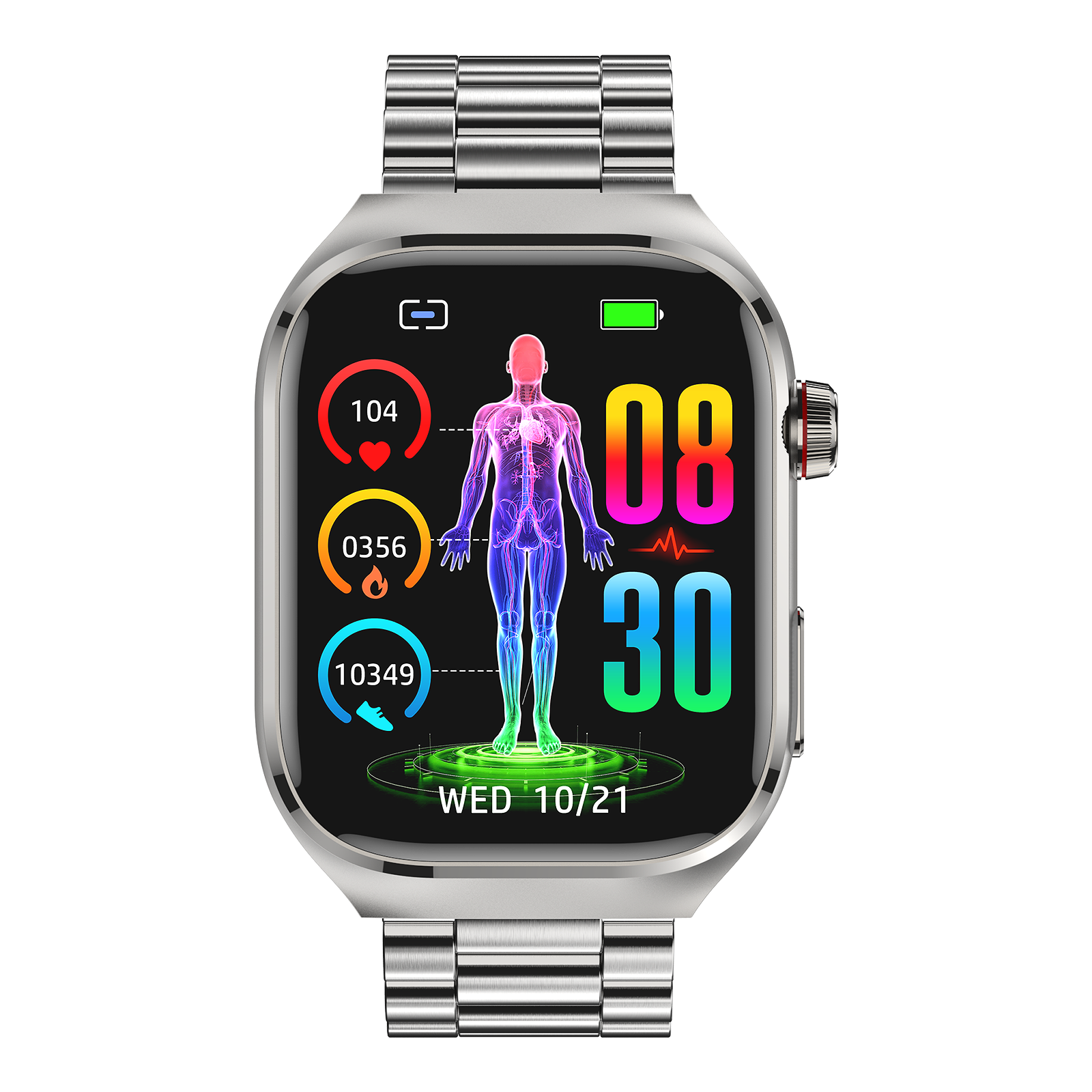 Silberne Smartwatch, die Gesundheitsmetriken anzeigt: Herzfrequenz, Schritte und Zeit. Sie ist auf schwarzem Hintergrund.