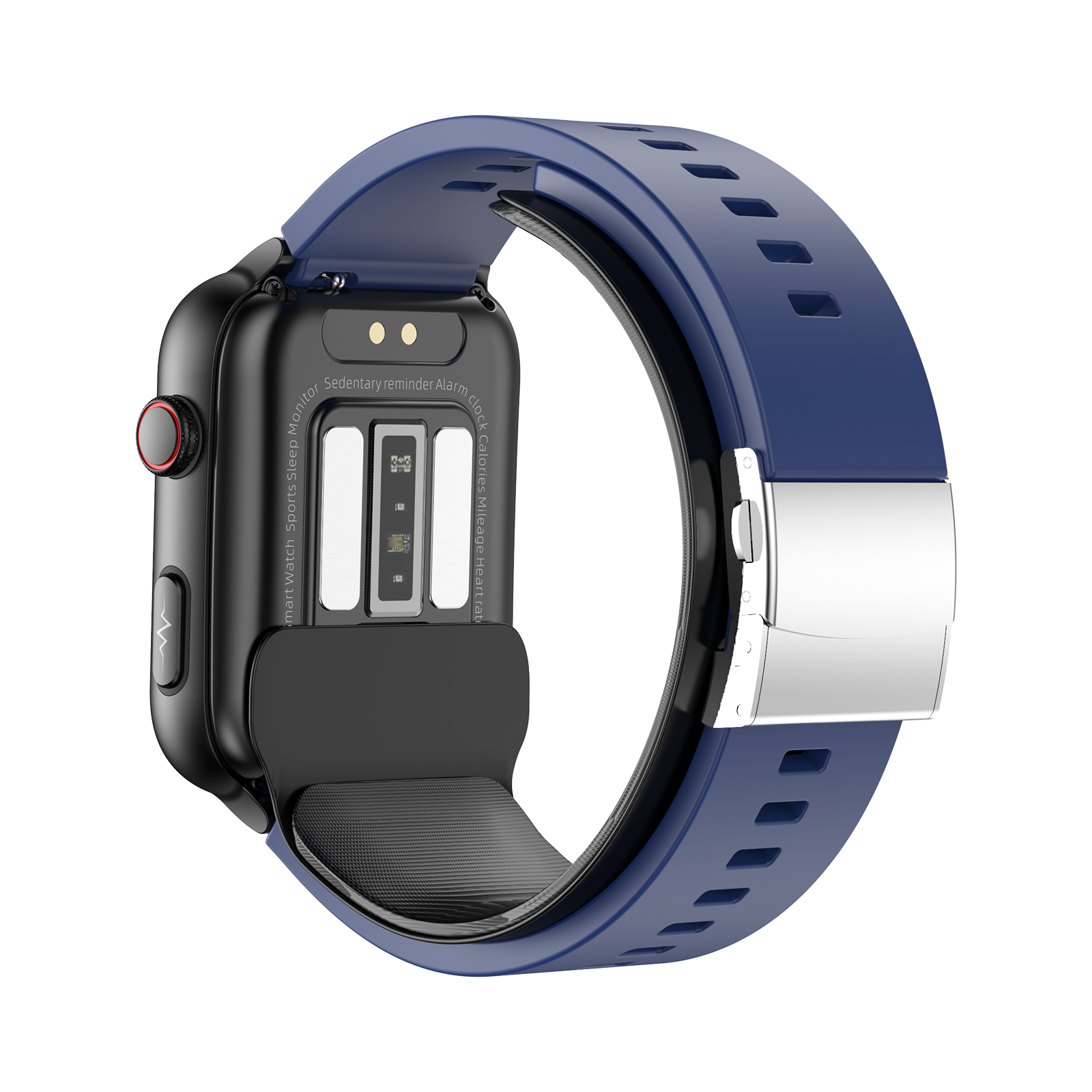 Zwarte smartwatch met een blauwe band, zijaanzicht. Toont achterkant met sensoren.