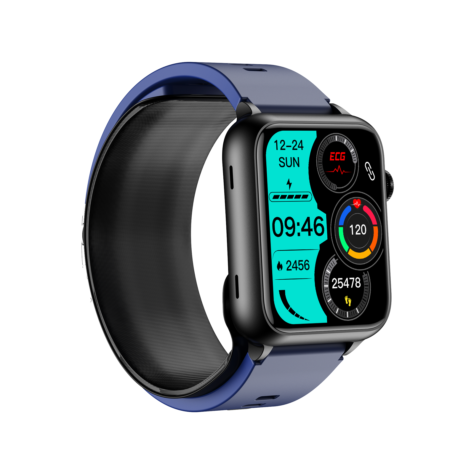 Een zwart en blauw smartwatch met tijd, gezondheidsstatistieken en een hartritmegrafiek.