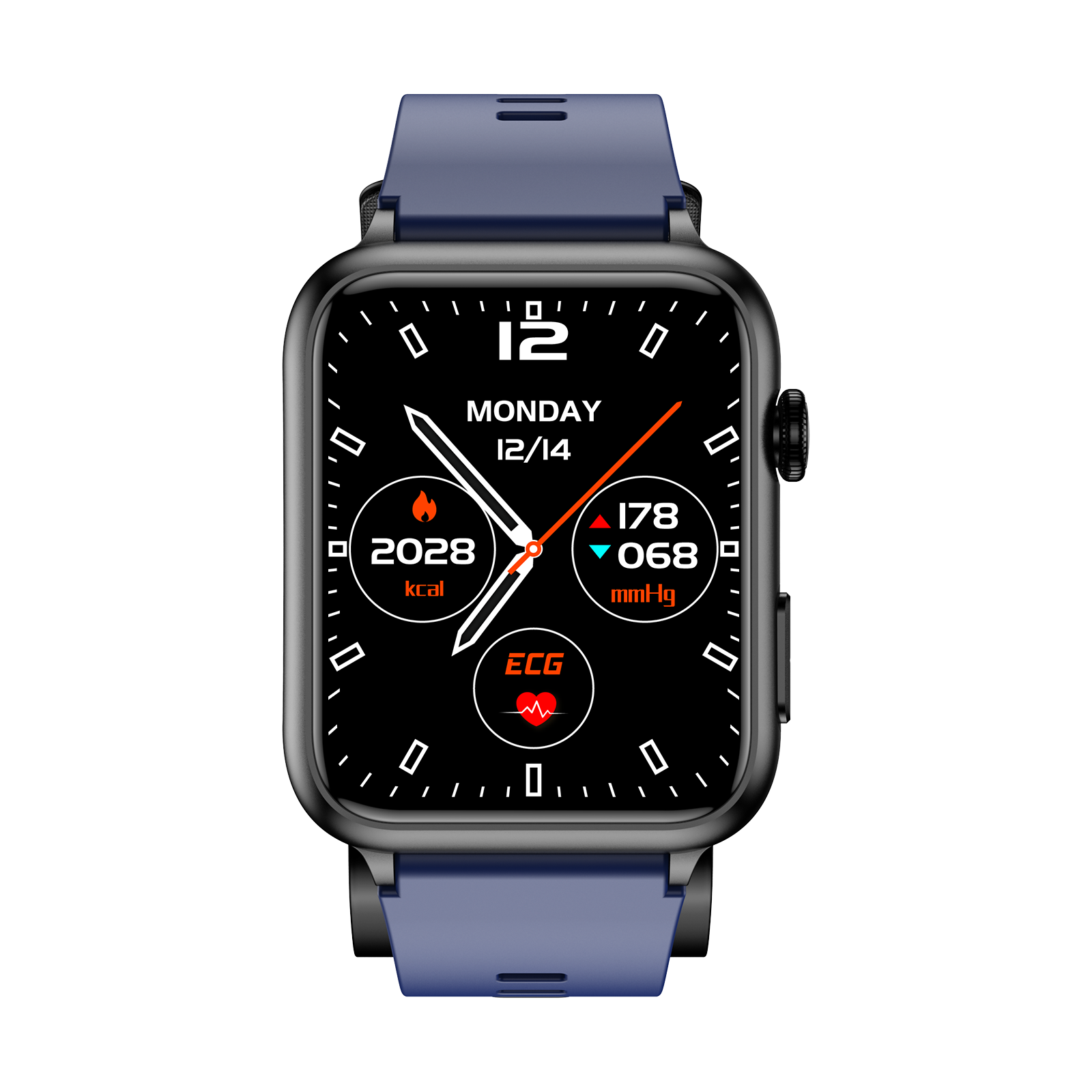 Een smartwatch met een blauwe band die tijd, calorieën en hartslag weergeeft.