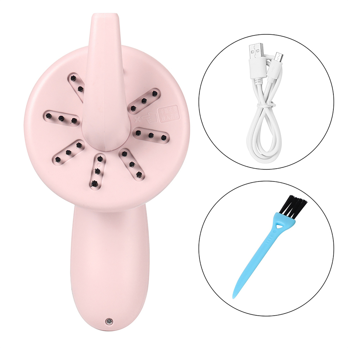 Ein rosa Reinigungsgerät mit Griff, kreisförmigen Teilen mit Löchern, USB-Kabel und Reinigungsbürste.