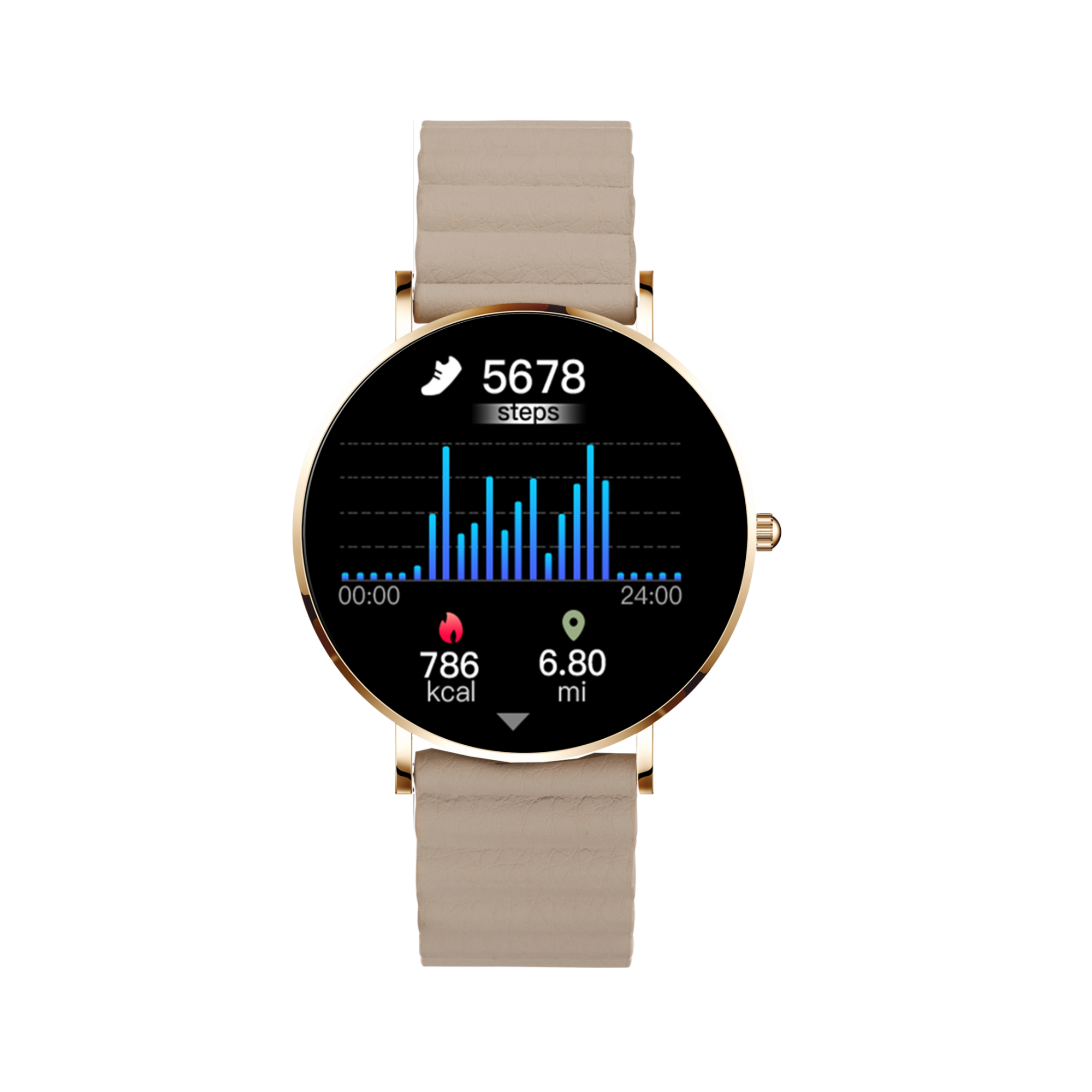 Eine goldene Smartwatch, die Schritte, Kalorien und Meilen auf schwarzem Hintergrund anzeigt.