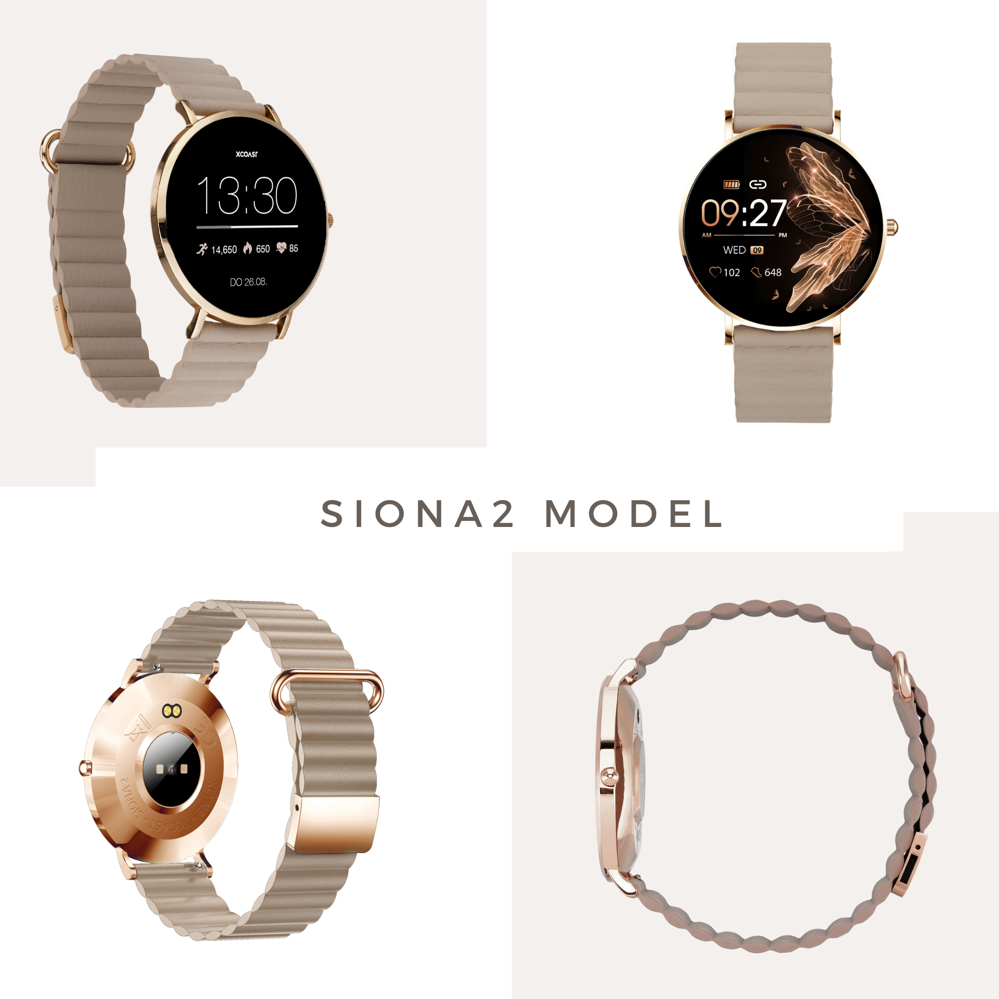 Vier Bilder einer gold-beigen Smartwatch, die Zeit und andere Daten anzeigt.