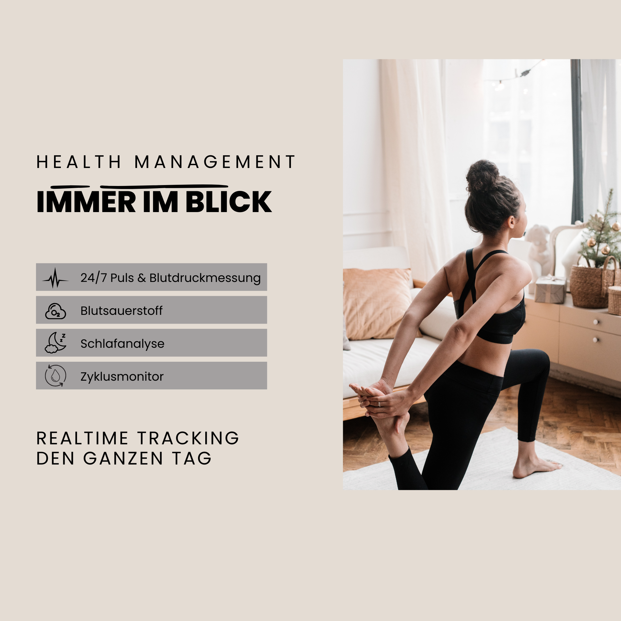 Frau in schwarzer Sportkleidung dehnt sich auf einer Yogamatte, mit Text über Gesundheitsmanagement.