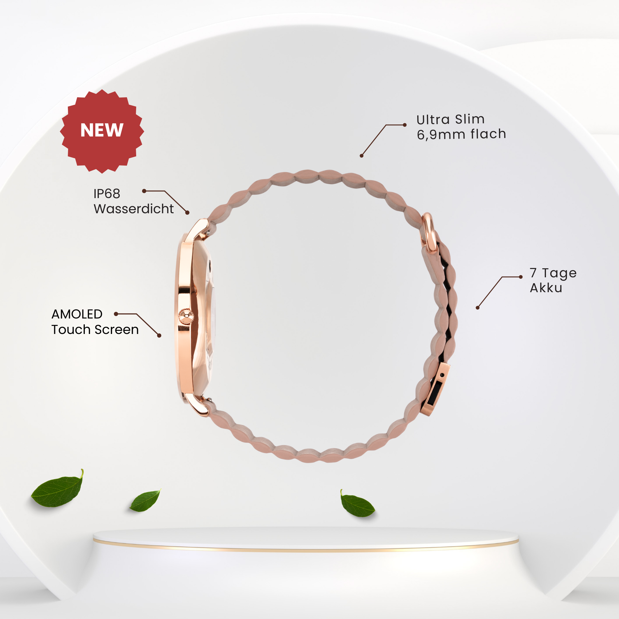 Eine roségoldene Smartwatch mit pinkfarbenem Armband. Ein weißer Hintergrund hebt die Produktdetails hervor.