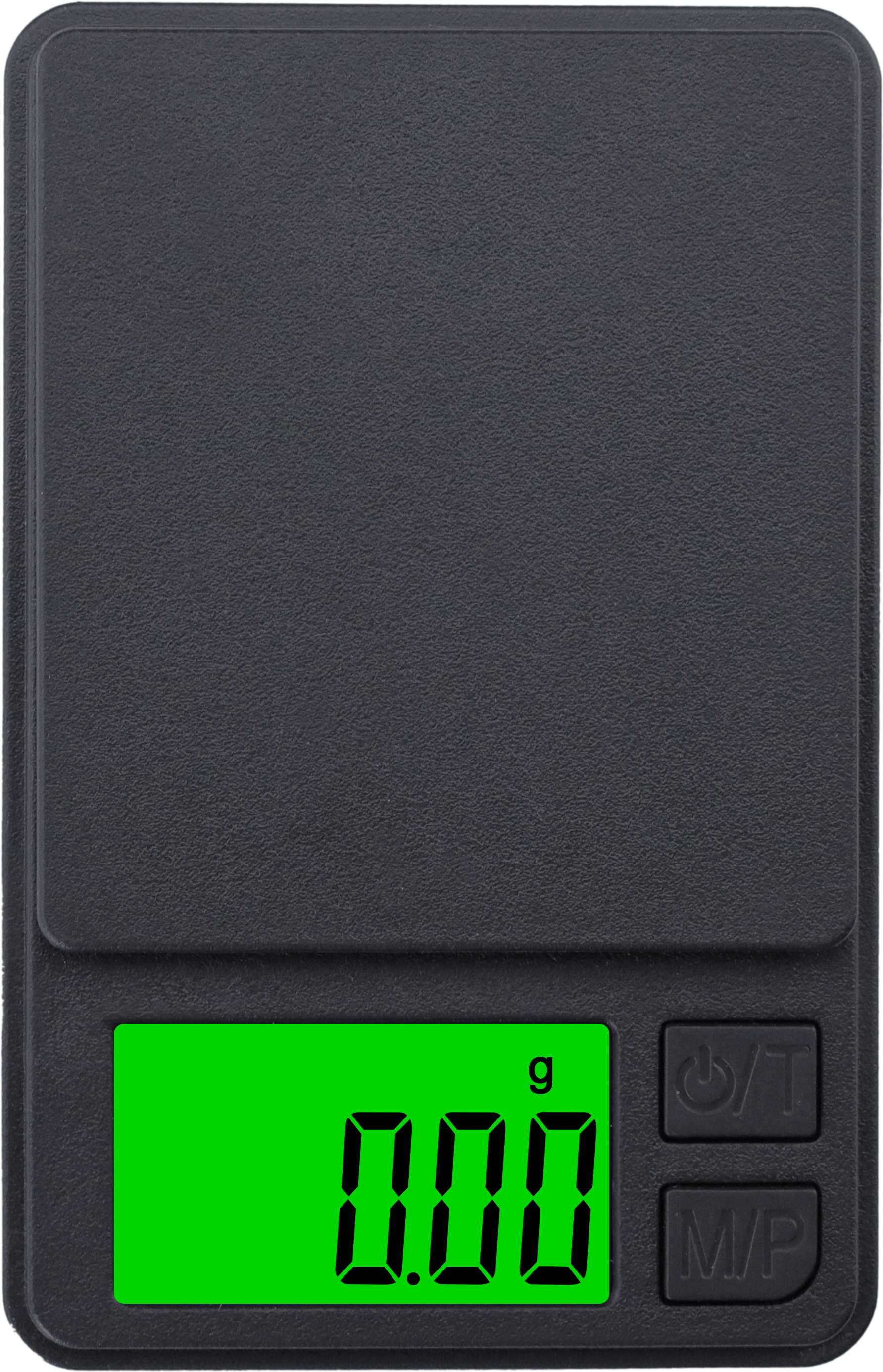 Czarna waga kieszonkowa z zielonym podświetlanym wyświetlaczem pokazującym 0,00 g i przyciskami.