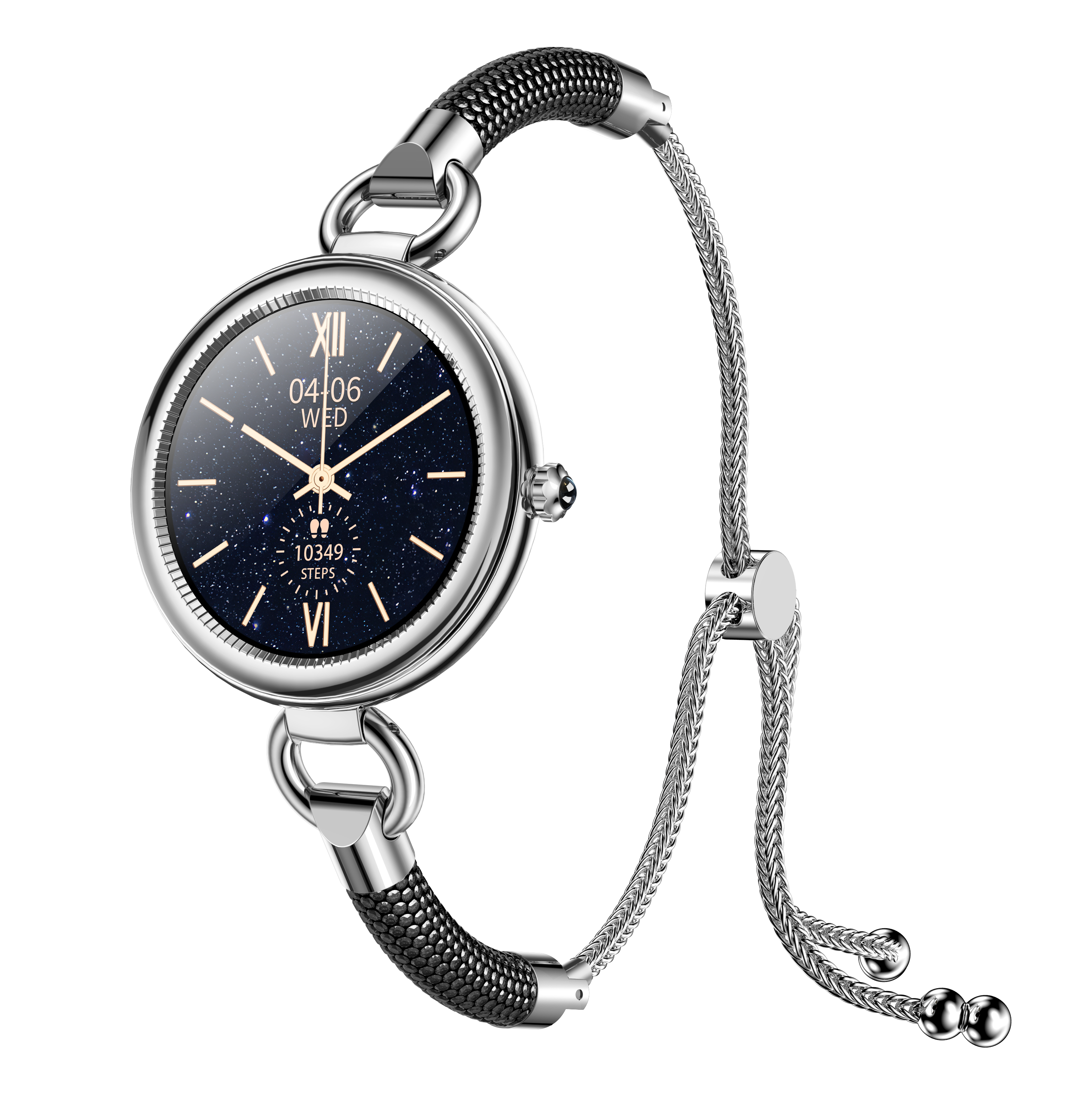 Srebrny smartwatch z ciemnoniebieską, gwieździstą tarczą i czarnym skórzanym paskiem.