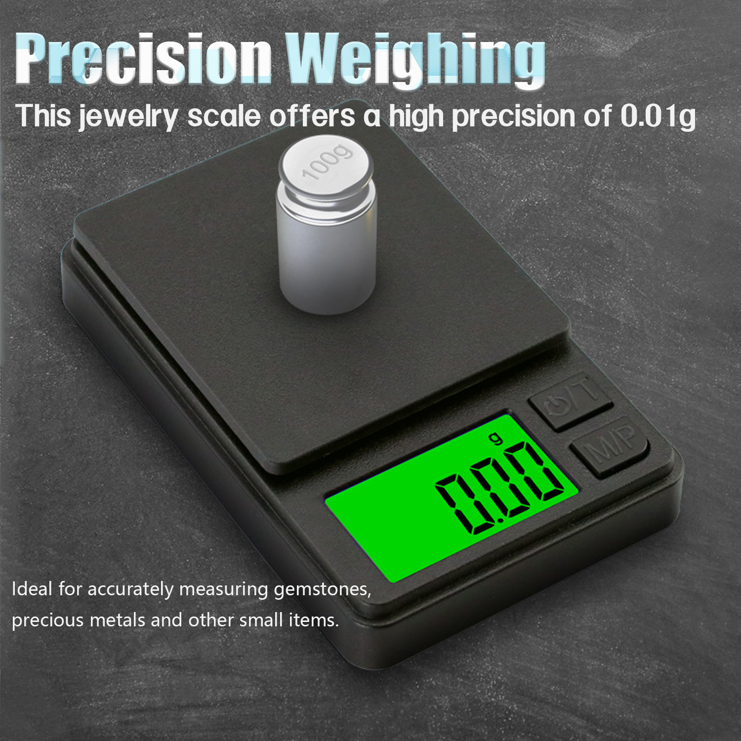 Czarna waga jubilerska z zielonym wyświetlaczem. Srebrny odważnik na wadze. Tekst: Precyzyjne ważenie. Waga 100 g.