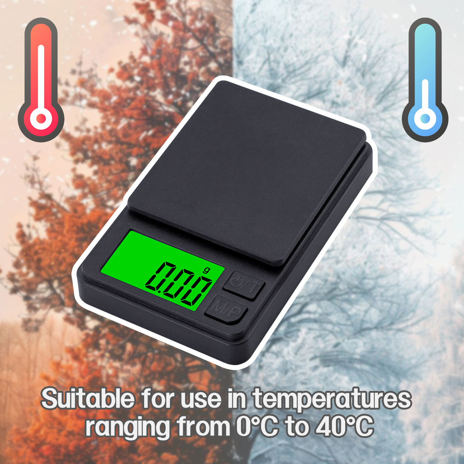 Czarna waga cyfrowa z zielonym wyświetlaczem na tle sezonowym z termometrami.