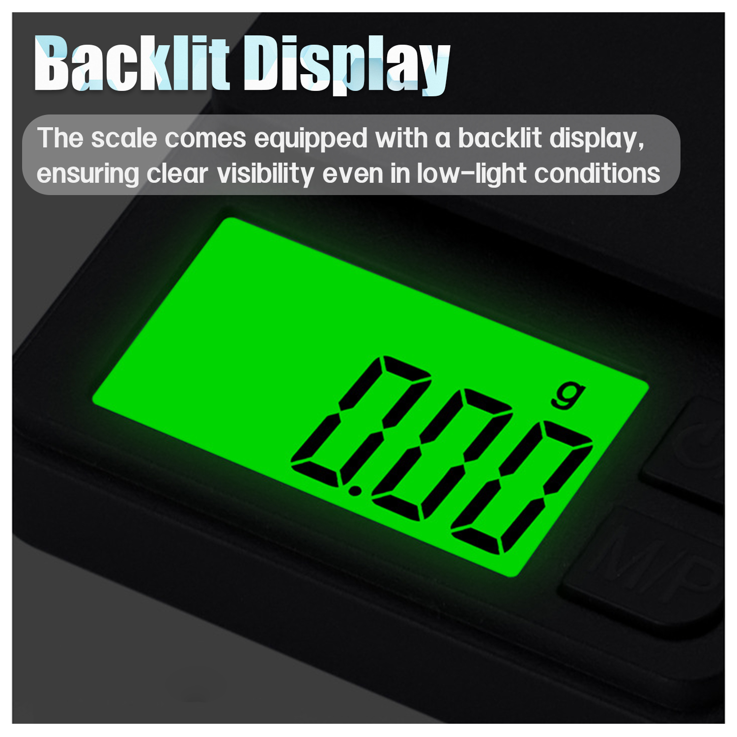 Podświetlana waga cyfrowa wyświetla 0,00 g na jasnozielono. Wyświetlacz na czarnym tle.