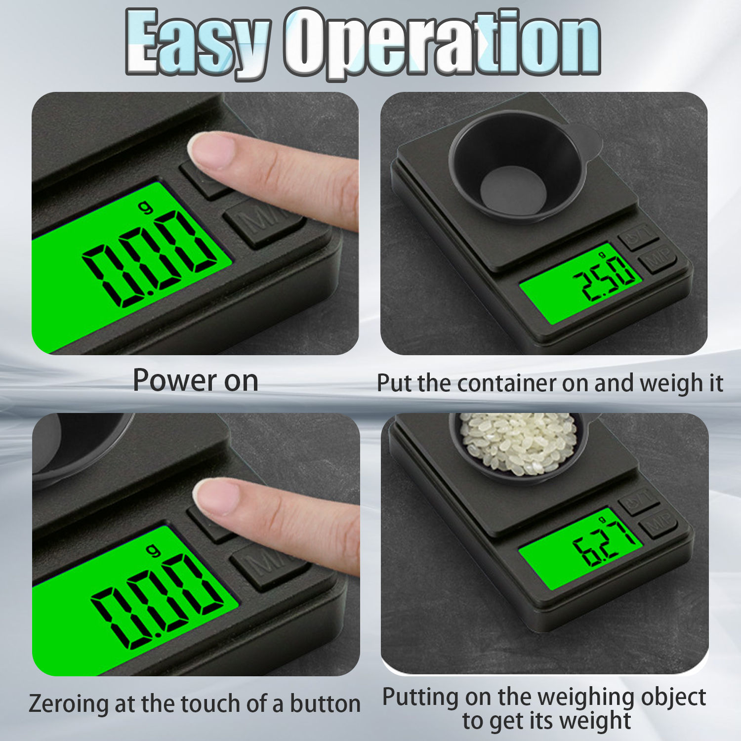 Czarna waga cyfrowa pokazująca różne wagi.