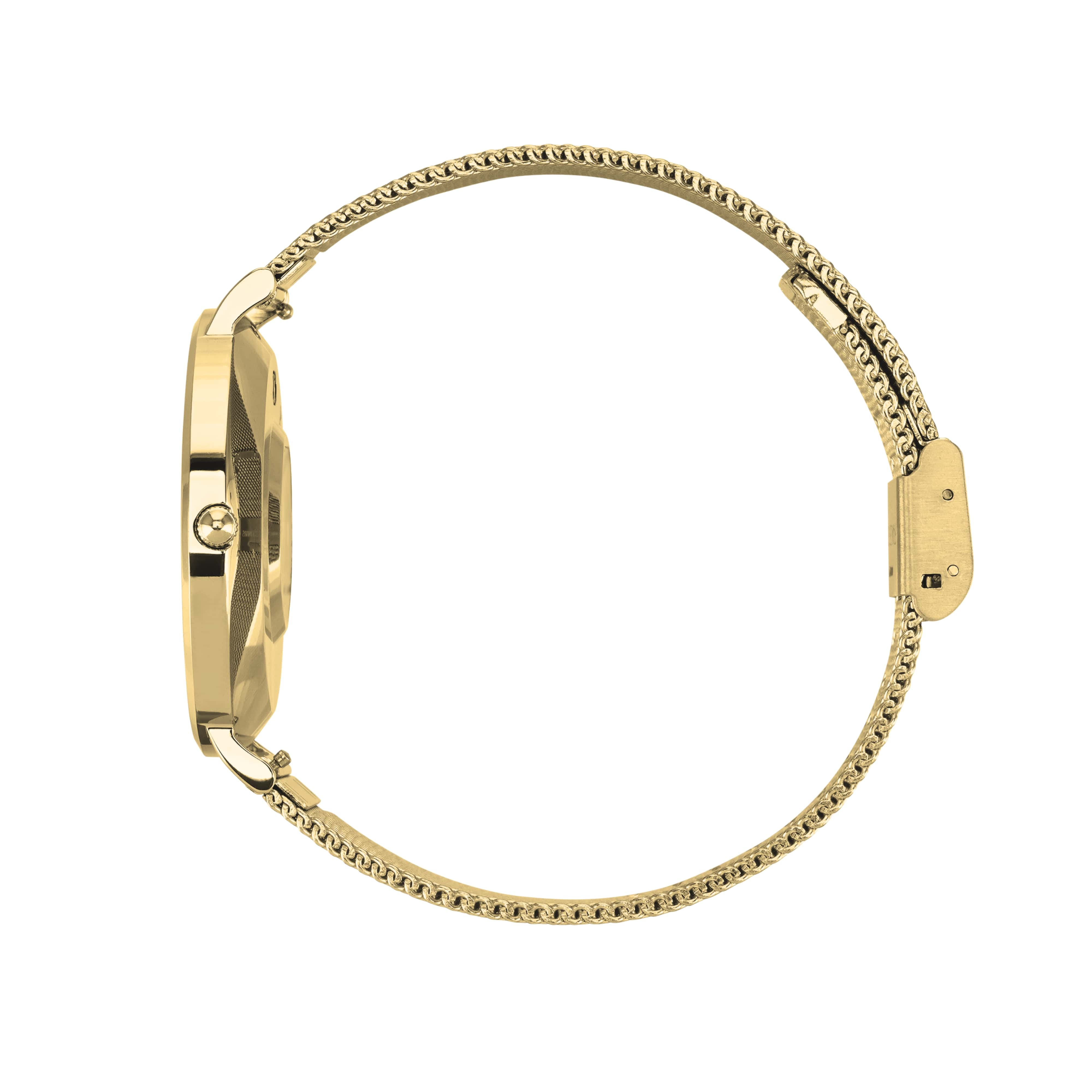 Eine goldfarbene Uhr mit rundem Zifferblatt und Mesh-Armband, von der Seite betrachtet, auf weißem Hintergrund.